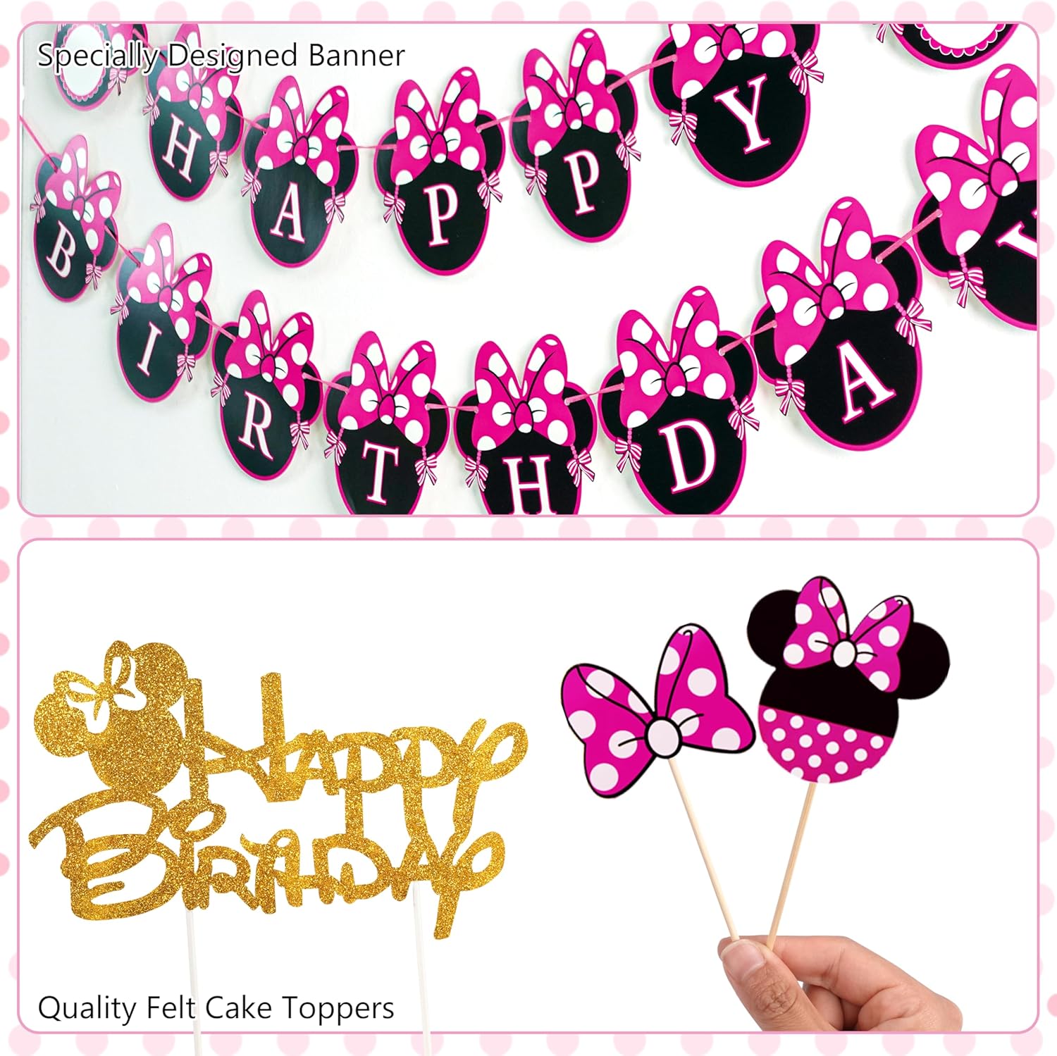 Pink Mouse Birthday Decorations Rose Red Cartoon Theme Party Kit Mouse Theme Birthday Party Supplies with Backdrop, Foil Balloons, Tablecloth & Cake Toppers for Girls Baby Shower Celebration