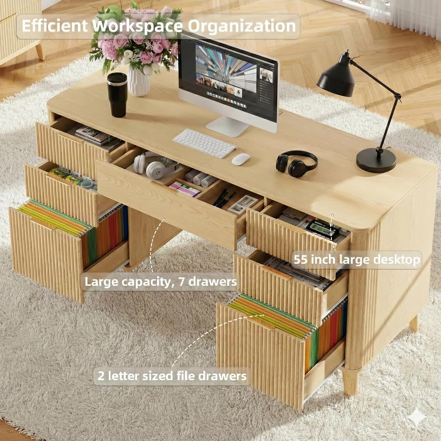 Wooden Desk with Drawers, 55" Fluted Executive Desk with Storage Cabinet, Wood Home Office Desk with File Cabinet, Modern Computer Writing Desk for Study, Living Room, Bedroom