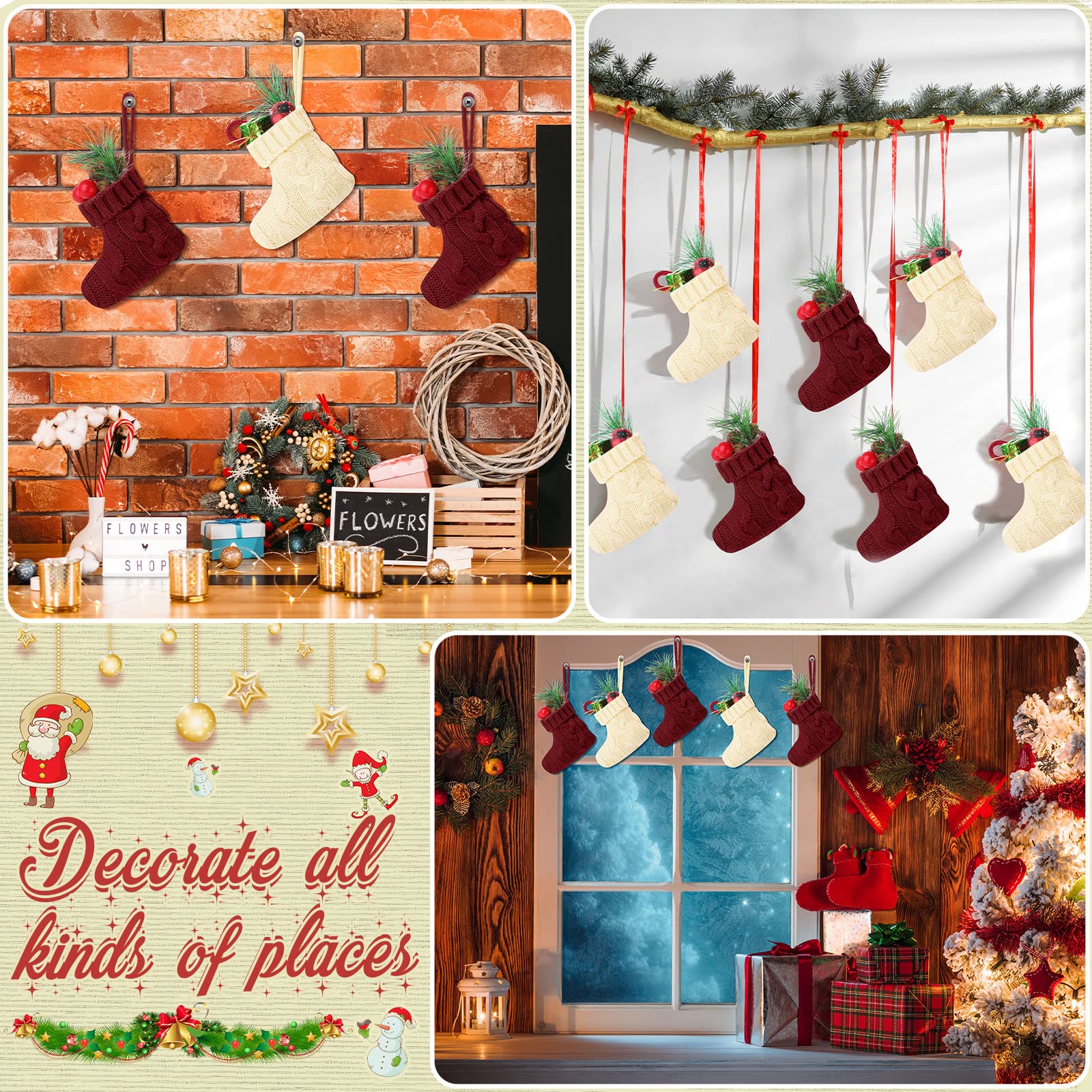 Jerify 24 mini calze natalizie da 9 cm, lavorate a maglia, piccole calze di Natale da appendere, piccole calze di Natale rustiche, ornamenti per albero di Natale, decorazioni per la casa, feste