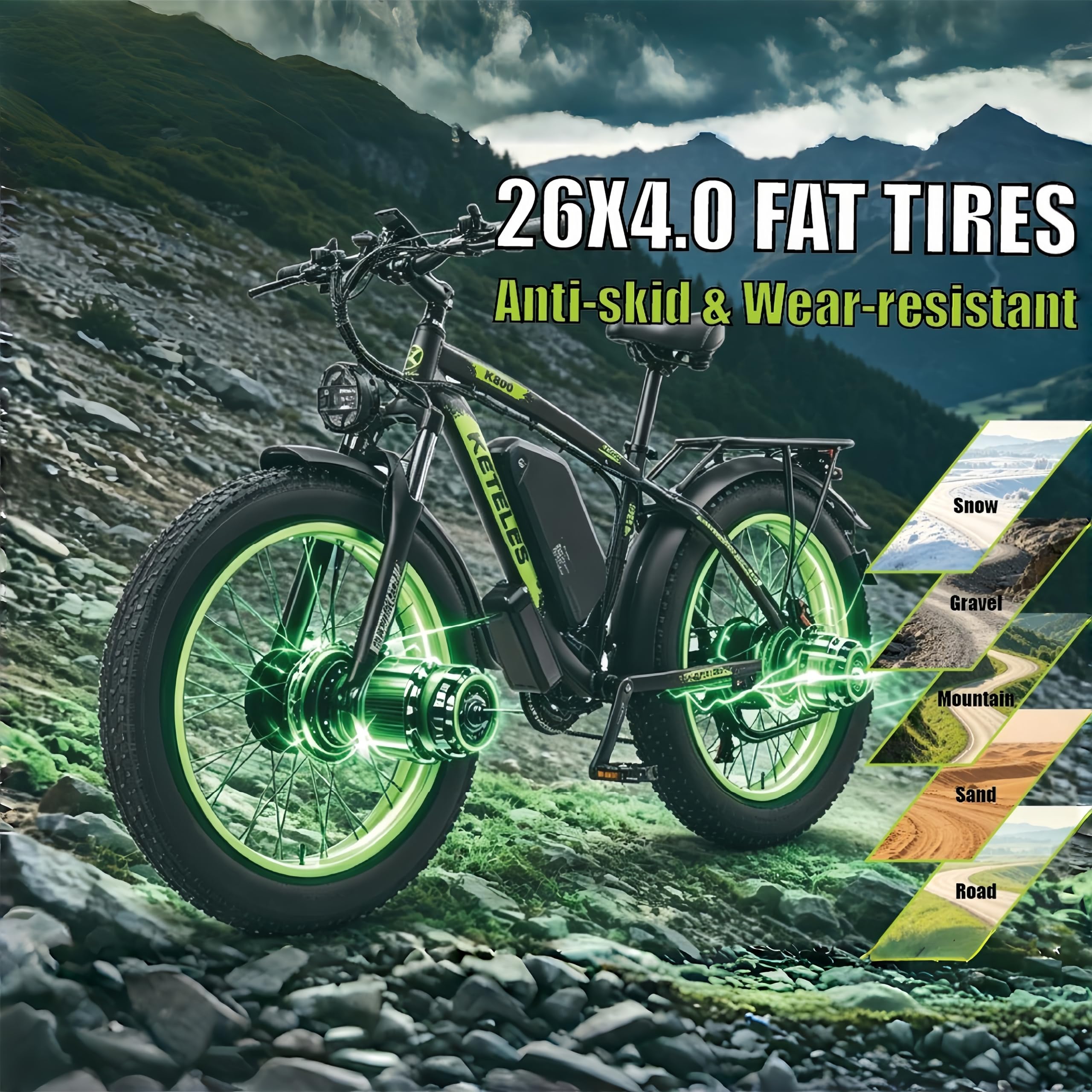 E Bike, 48V 23Ah Akku Elektrofahrrad Ebike mit Telefonhalter, E Fatbike mit 26"x4.0" Fat Tire, 250W E-Bike 120KM Range 21-Gang-Getriebe Hydraulische Scheibenbremsen