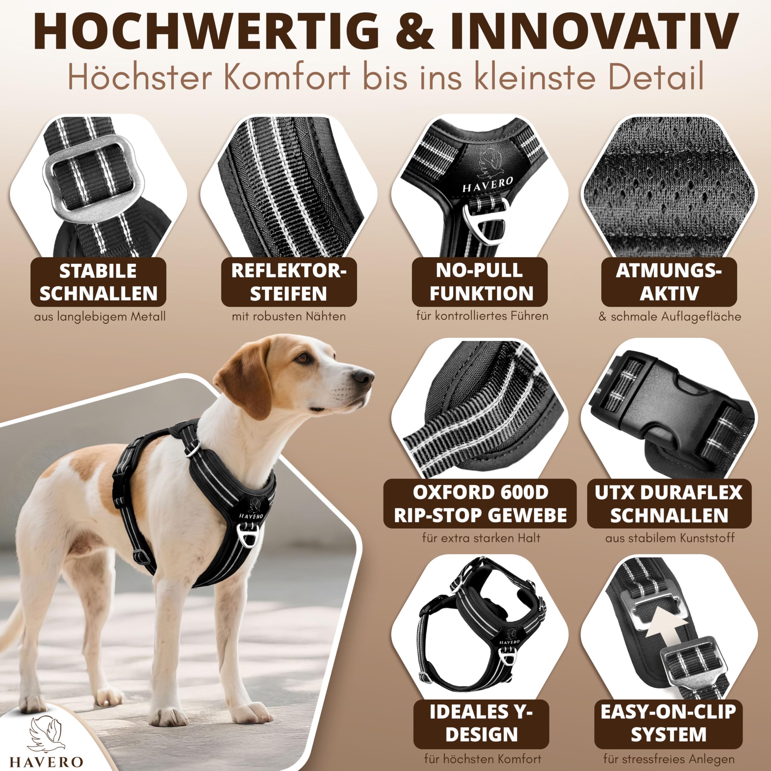 Hundegeschirr Easy-On-Clip – [Kein Überkopfziehen] | Anti-Zug Y-Geschirr Gepolstert Reflektierend Atmungsaktiv Brustgeschirr – kleine, mittelgroße & Grosse Hunde Geschirr (Schwarz, M)