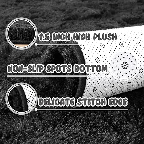 Miniatura 5 de Rostyle Alfombras negras esponjosas de 5 x 8 pies para sala de estar, alfombra grande de sala de estar, alfombras grandes y peludas para dormitorio,