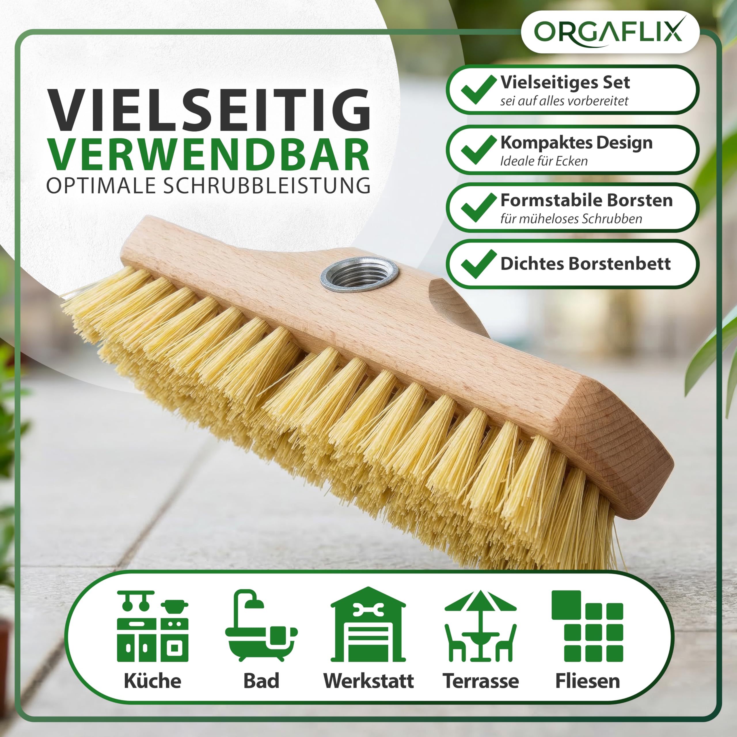 ORGAFLIX Profi Schrubber Set 3-teilig mit Stiel, Bodenschrubber 40 cm, Schrubber 22 cm, Scheuerbürste