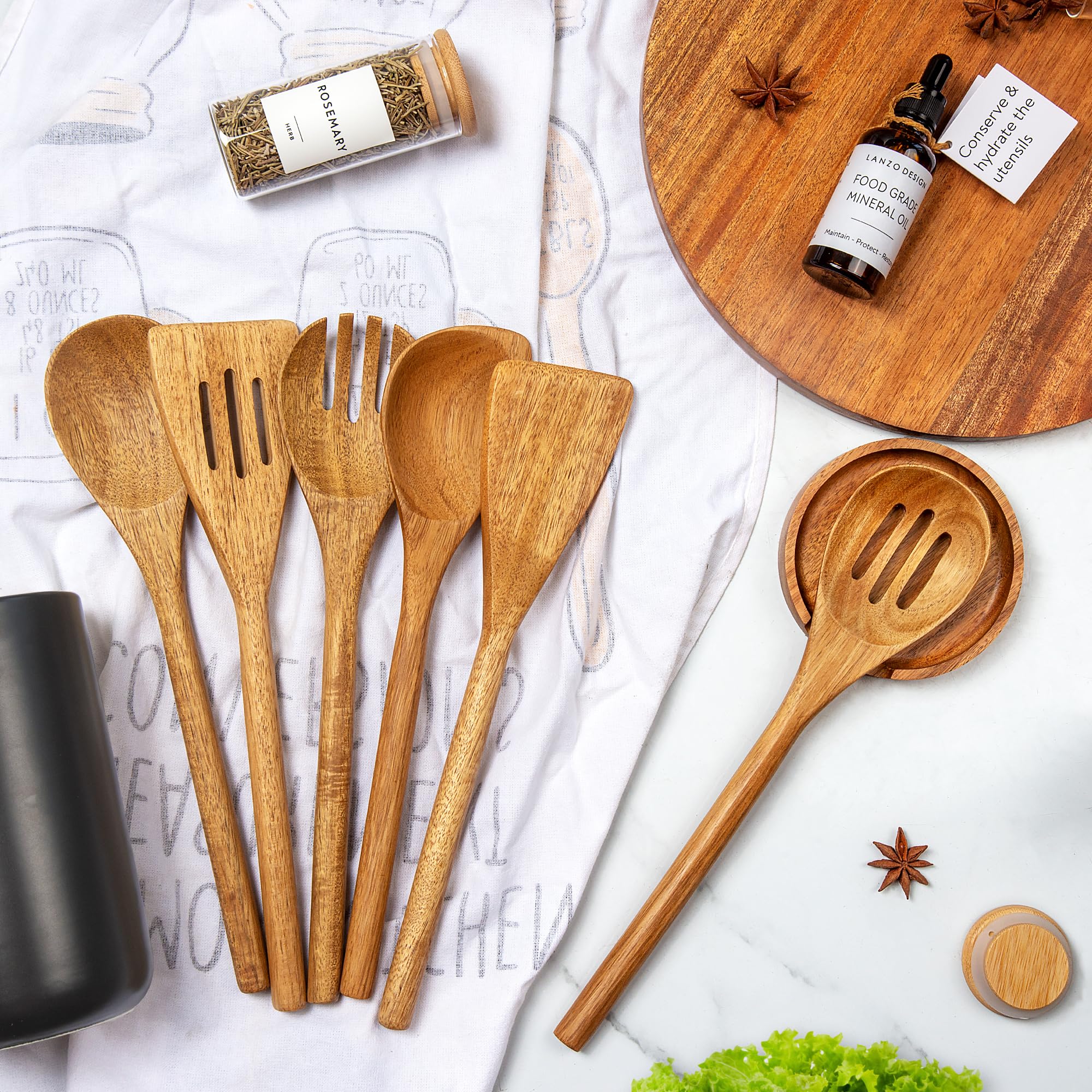 Juego de utensilios de cocina, 8 espátulas de madera con soporte de cerámica (soporte negro)