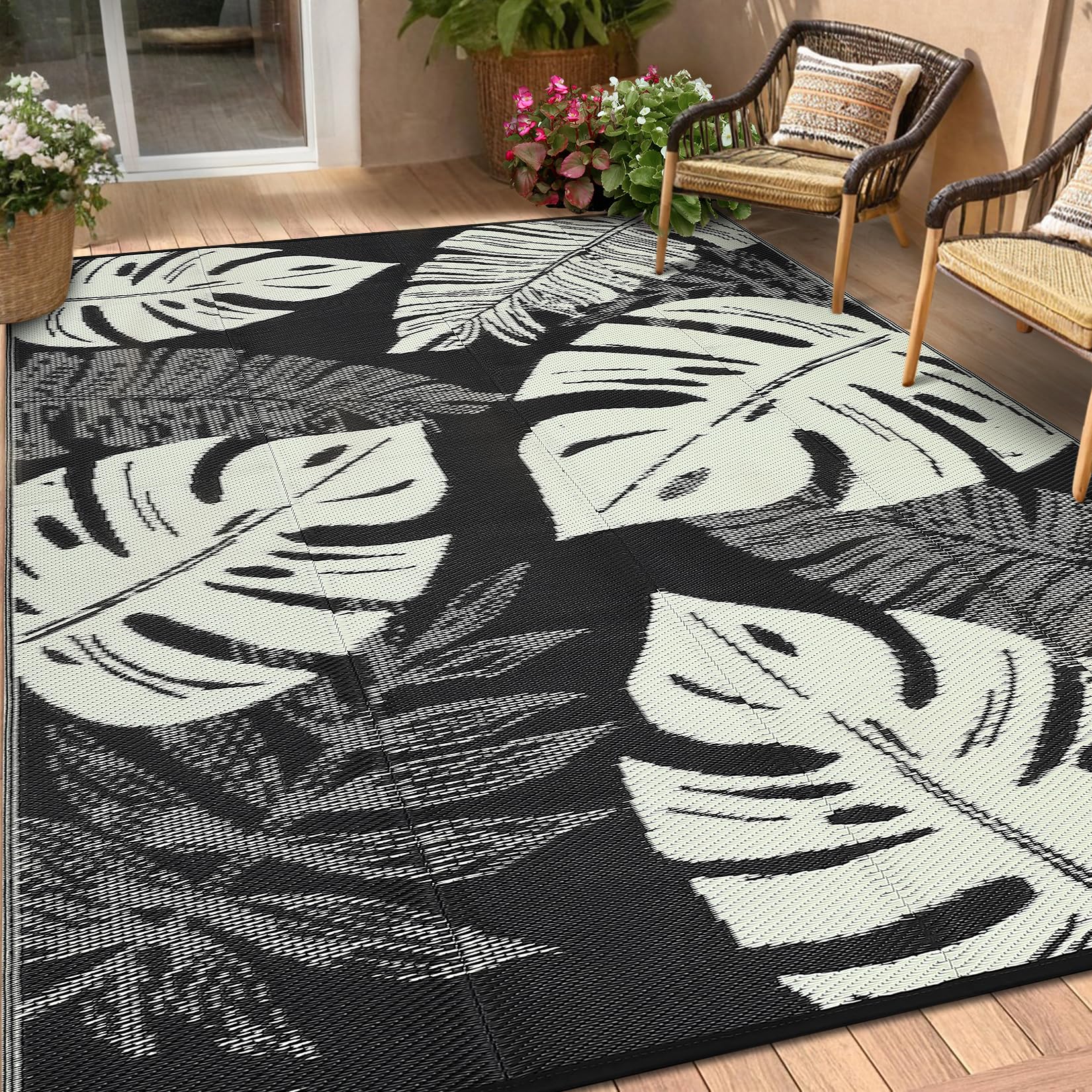 GarveeLife Outdoor Rugs 9x12 UV Resistant Waterproof Patio Rug, Outdoor Plastic Straw Rug Reversible RV Camping Mat with Portable Bag & 4 Stakes,