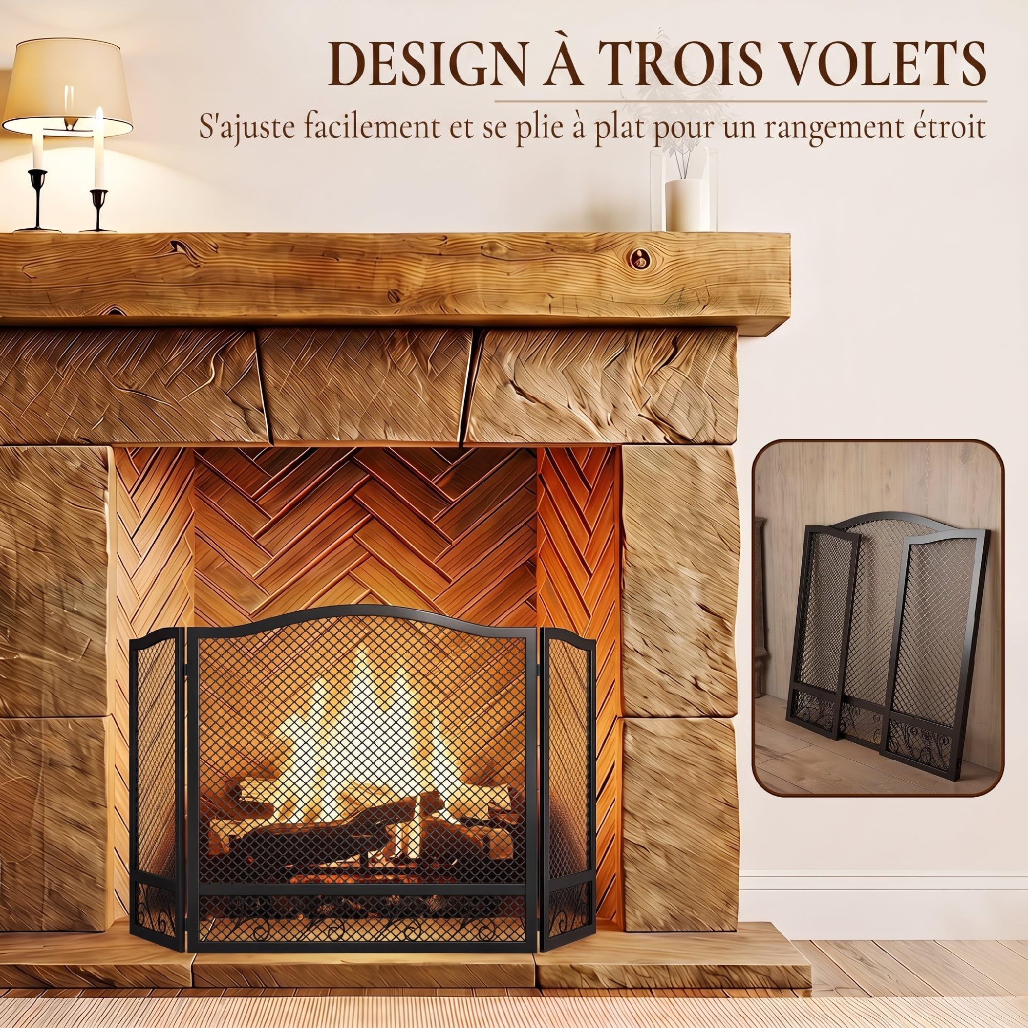 HOMCOM Pare Feu Cheminée Pliable 3 Panneaux 107 x 60 cm Métal Noir