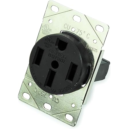RV 50 Amp, 125/250 Volt, NEMA 14-50R, 3P, 4W Power Receptacle Flush Mounting Receptacle, Straight Blade, Industrial Grade, Grounding, Side Wired, Steel Strap, Black (50-Amp)