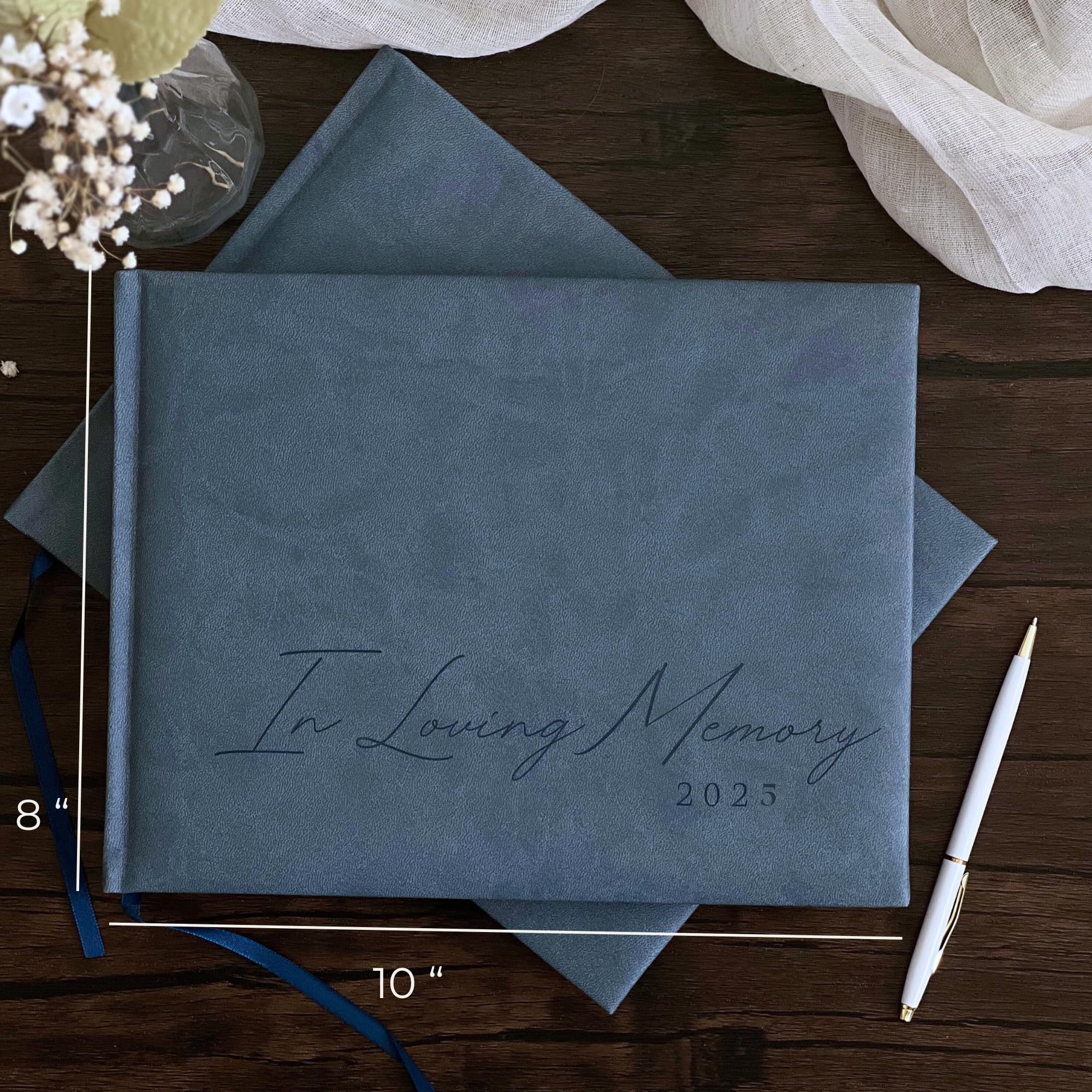 Funeral Guest Book for 2025 Celebration Of Life Memorial Service - Leather Memory Book for Funeral Guests to Sign In with Condolence Memory Table Sign & Back Pocket - Blue Guestbook
