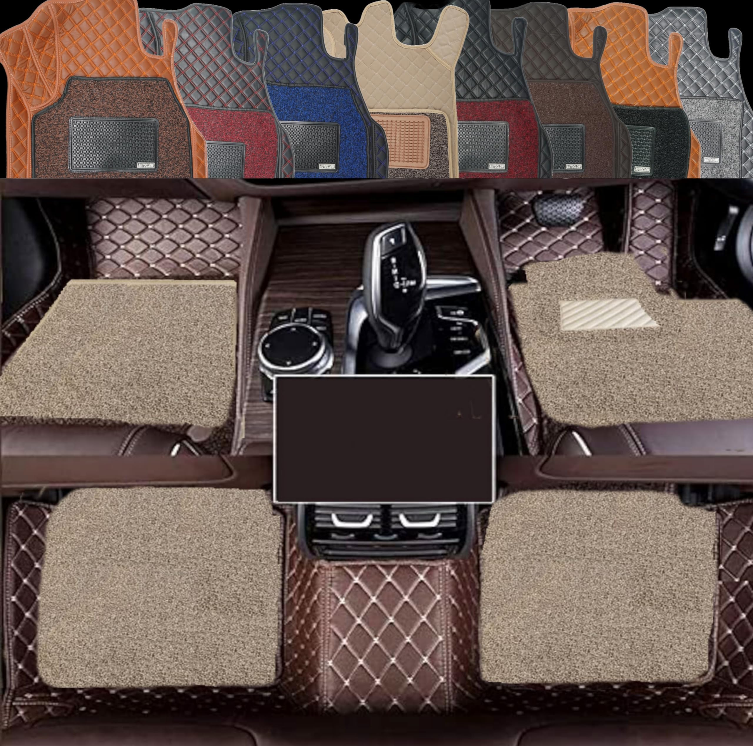 Autoclow/Premium 7D Car Mat for Toyota Innova Crysta (Model : 2017-2025)|| Luxury Leather Dual-Stitch 7D Car Mat Full Set || 100% Waterproof ||Color :Coffee Stitch-Beige Grass (Design-1)
