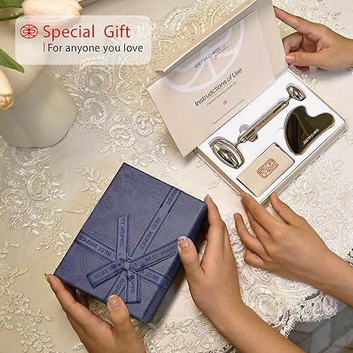 Miniatura 6 de Rena Chris Gua Sha - Juego de herramientas faciales y rodillos faciales, herramienta de guasha de metal y rodillo facial acero inoxidable de alta