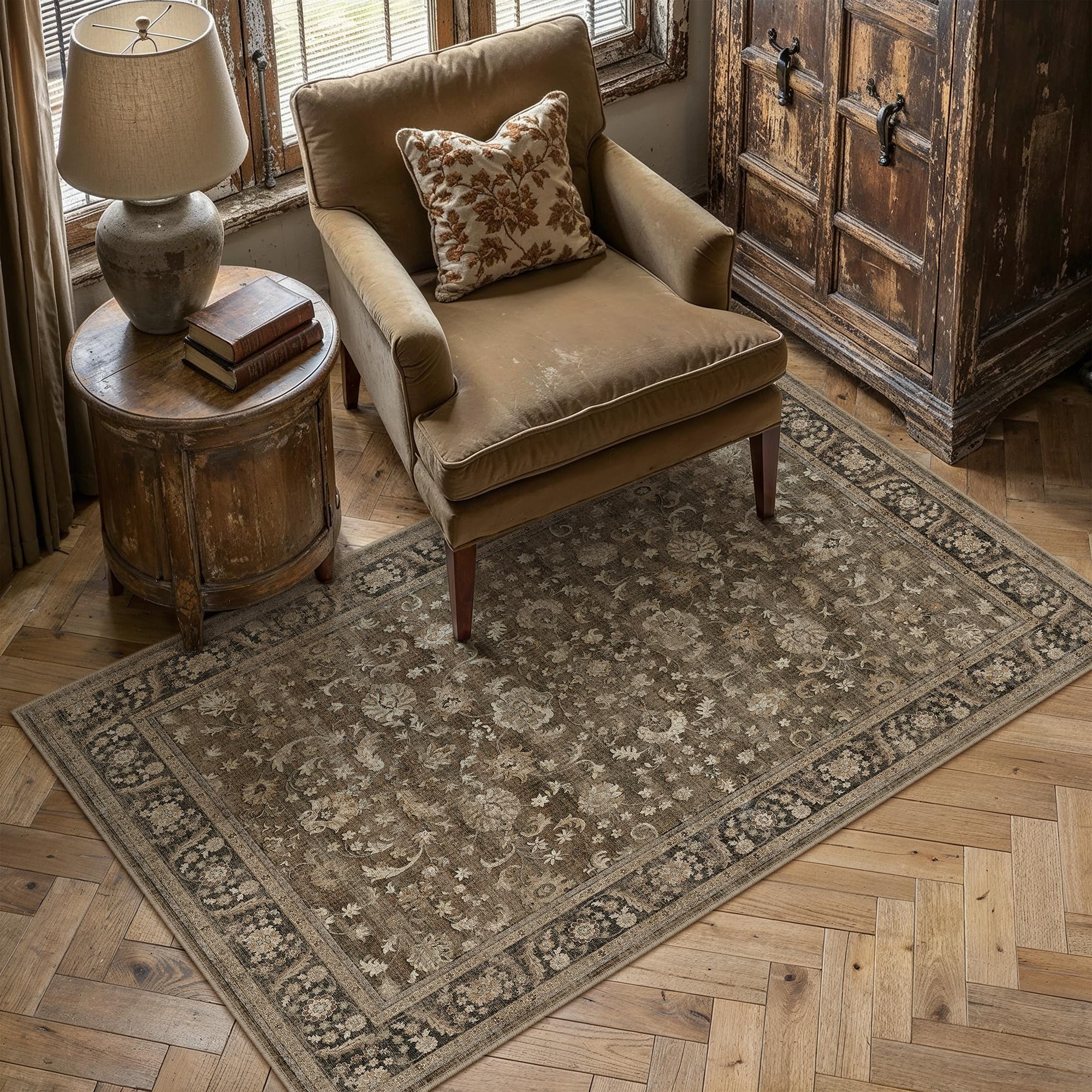 PureCozy Brown Small Area Rug 3x5 Vintage Floral Distressed