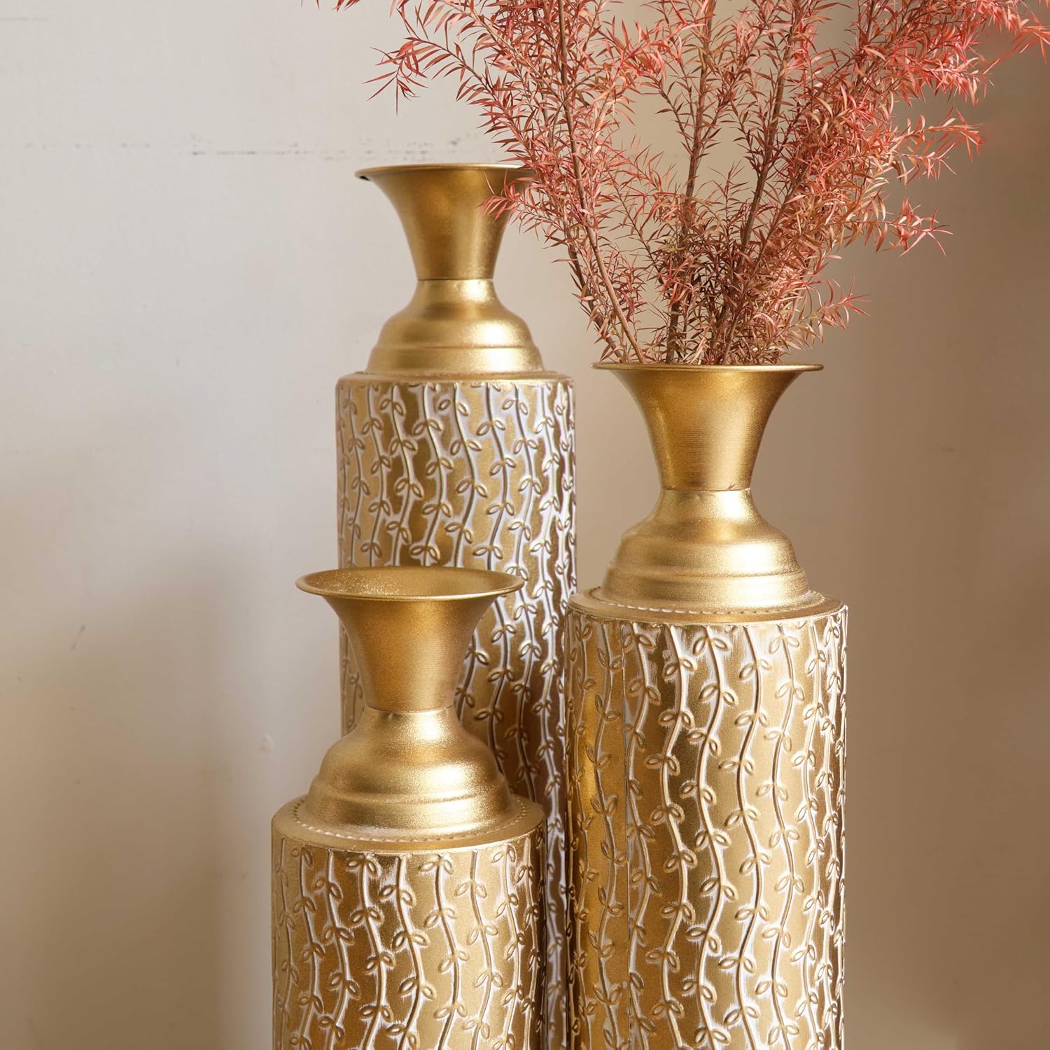 Gold Floor Vases Decorative Tall Set of 3 Extra Large Tall Metal Floor Vases Home Decor for Fake Flowers Center Vases for Centerpieces 34 ", 29 ", 25 "H