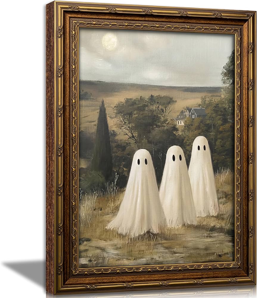 Vintage Halloween Wall Art Framed Canvas, Three Ghosts Moonlit Field Painting, Ornate Gold Frame Gothic Room Decor, Damage-Free Hanging Strips Included (12x16 Inches)