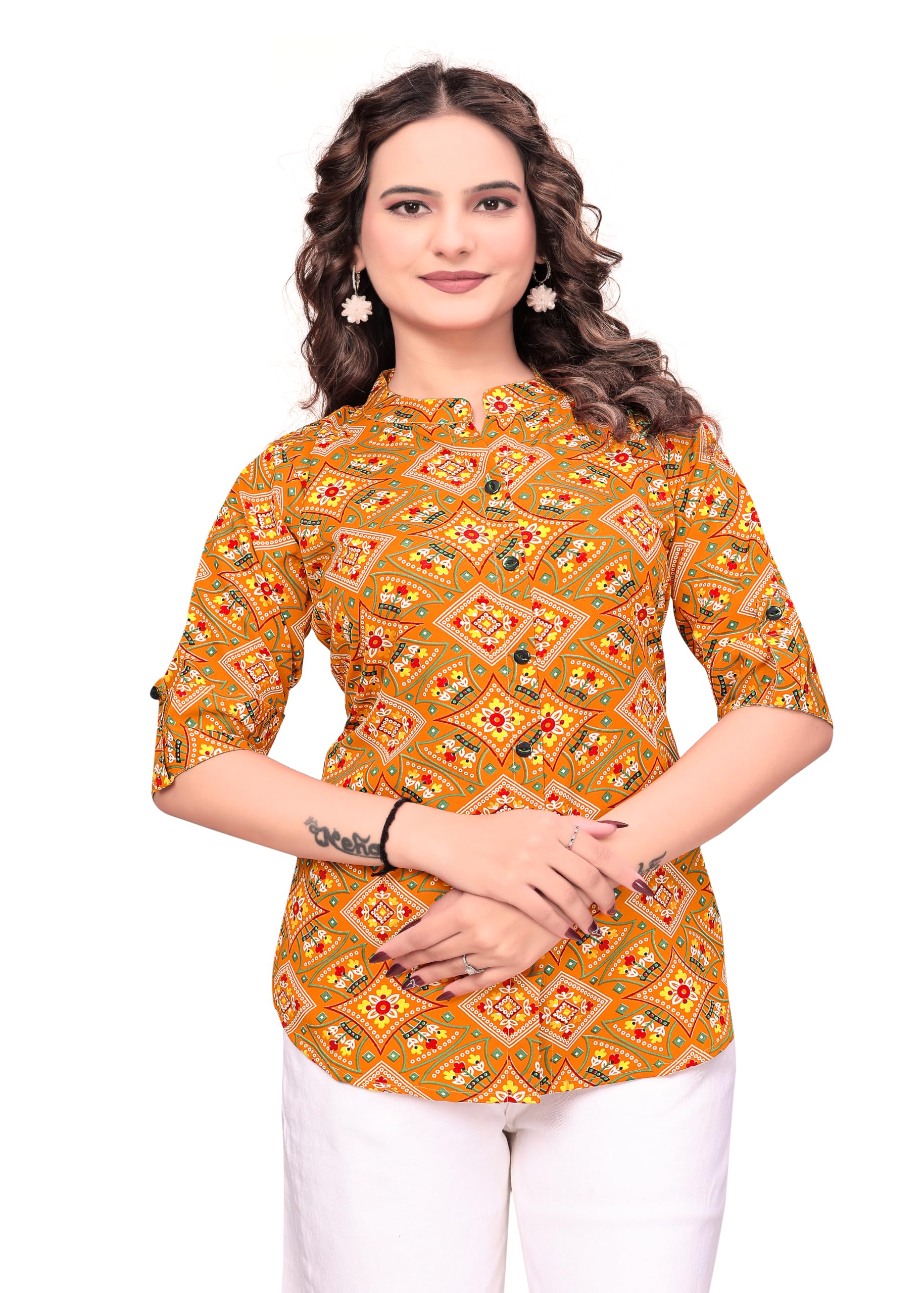 Women's Stylish Black Multi-Color Geometric Printed 3/4 Sleeve Band Collar Tunic Top for Casual Ladies Rayon Blend Daily Fashion Top-image-30