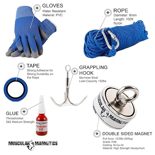 Miniatura 3 de Paquete de pesca con imán de 1225lb de doble cara, incluye cuerda de alta resistencia de 6mm de diámetro y 100 pies de longitud, mosquete, guantes