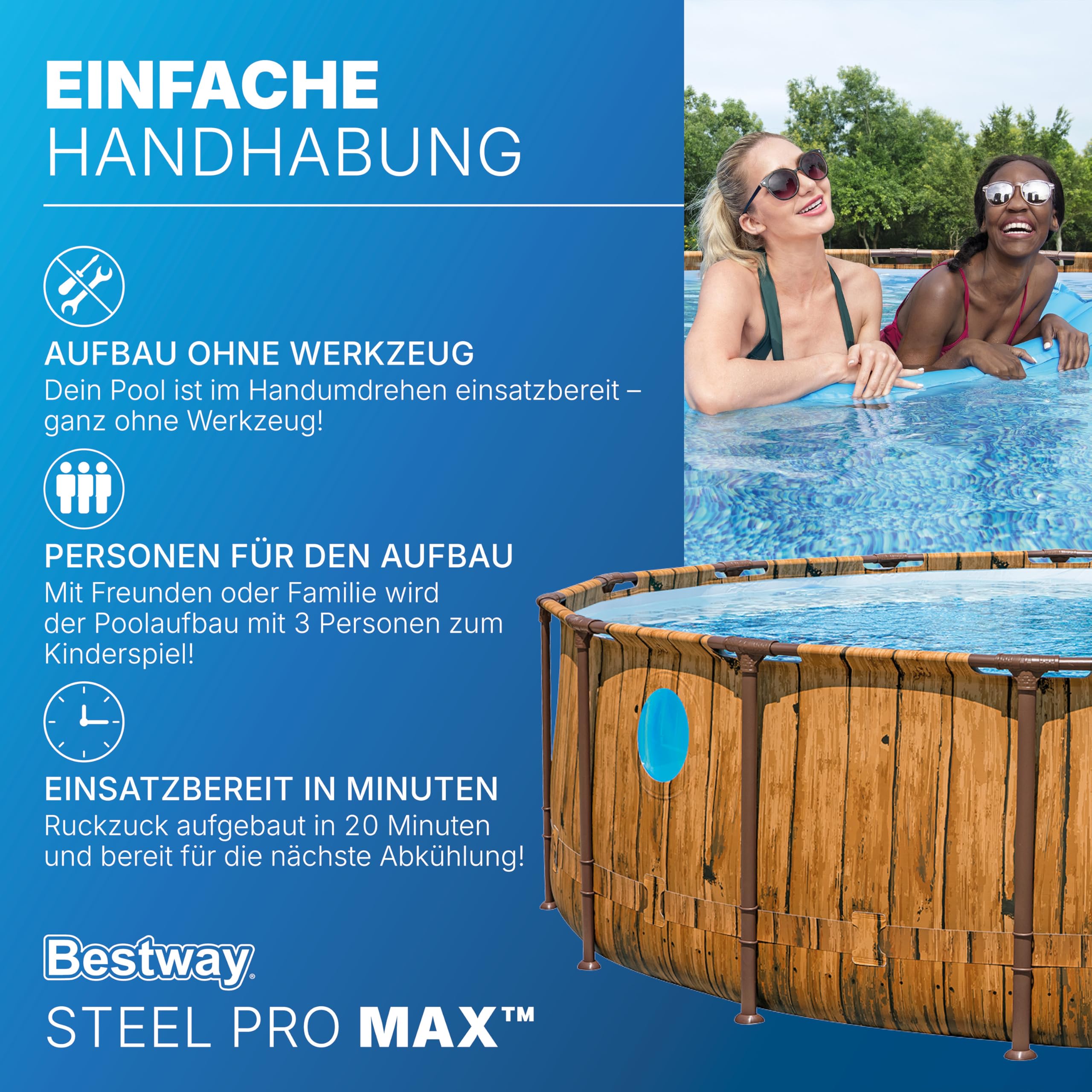 Bestway Steel Pro MAX Splashview Frame Pool Komplett-Set mit Filterpumpe Ø 488 x 122 cm, Holz-Optik (Pinie), rund