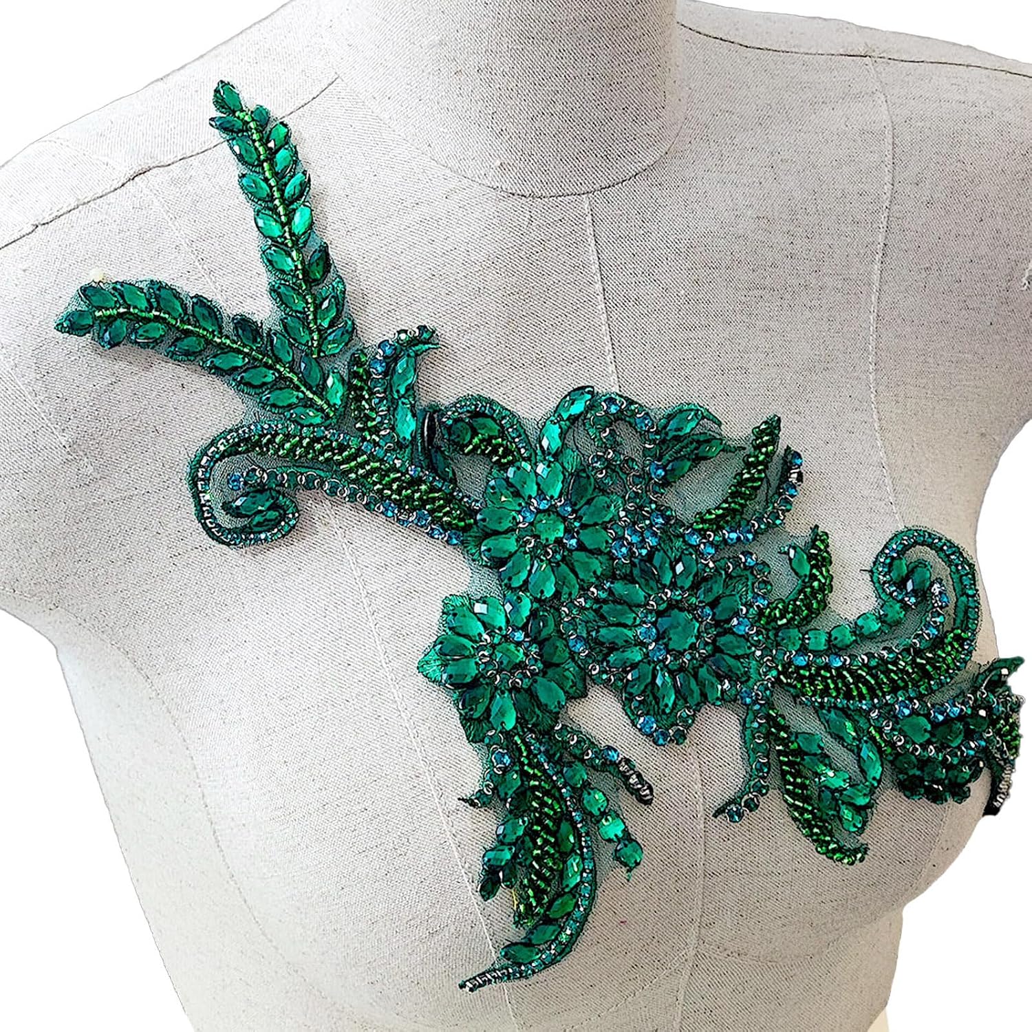Handmade Rhinestone Applique for Dress, Luxury Crystal Beaded Lace Bodice Patch Trim, Sparkling Bridal Motif Accessory for Evening Gowns, Wedding DIY Sewing Craft（S14-DeepGreen）