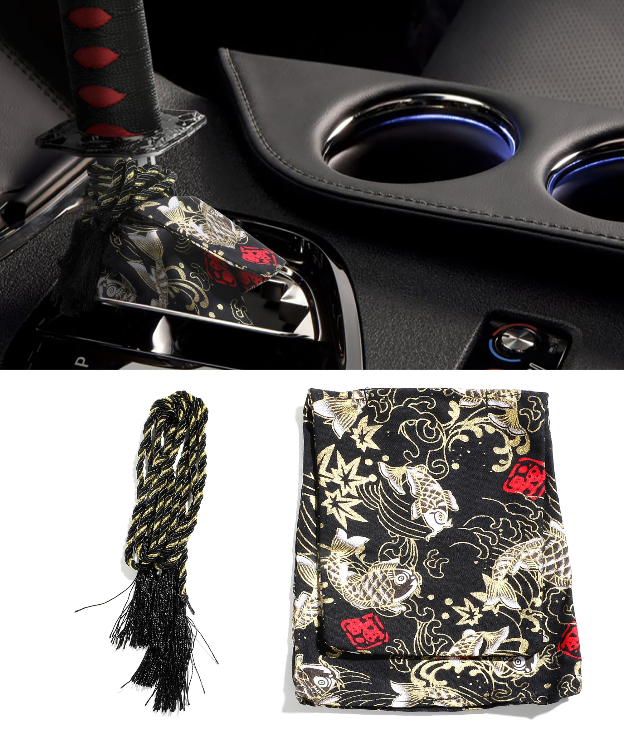 YAKEFLY Universal Shift Knob Cover, Japanese Element Gear Shifter Boot, Fabric Stitch Ancient Katana Shift Boot Dust Cover
