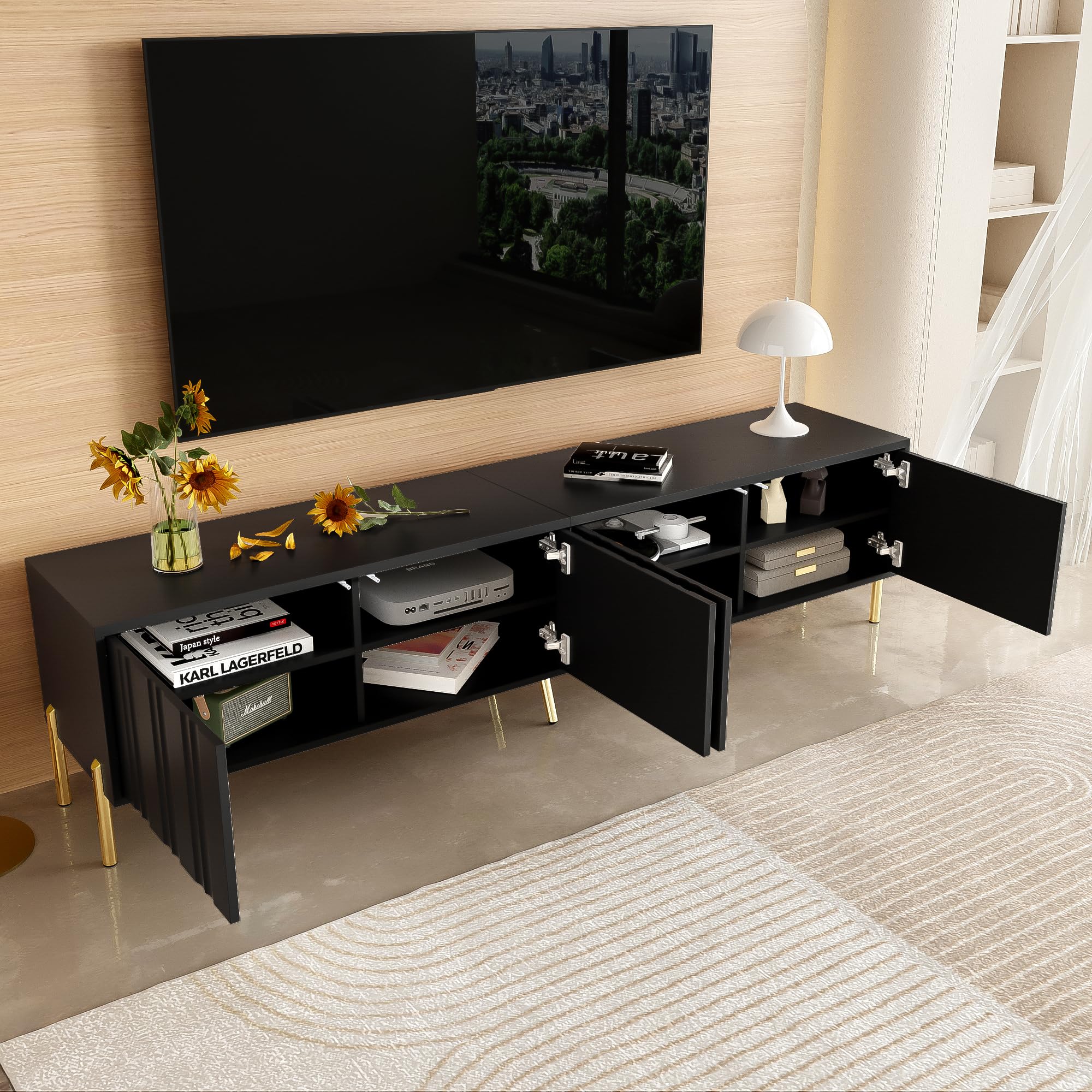 Mobile TV nero, per soggiorno, 190 cm (lunghezza) x 38 cm (larghezza) x 48 cm (altezza), gambe dorate