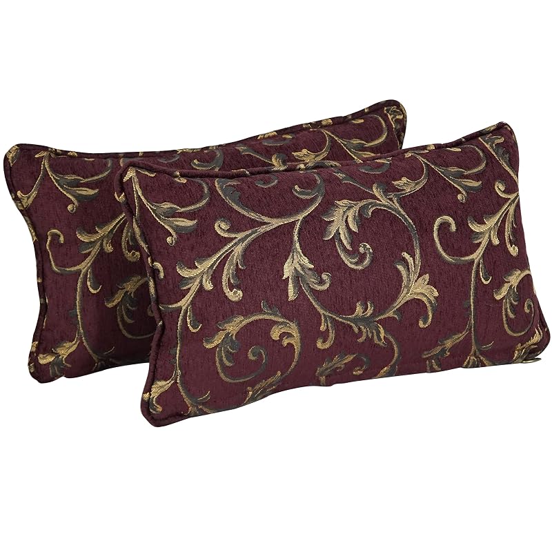 Blazing Needles Corded Jacquard Chenille Throw Pillow, 12" x 20", Burgundy Vines 2 Count