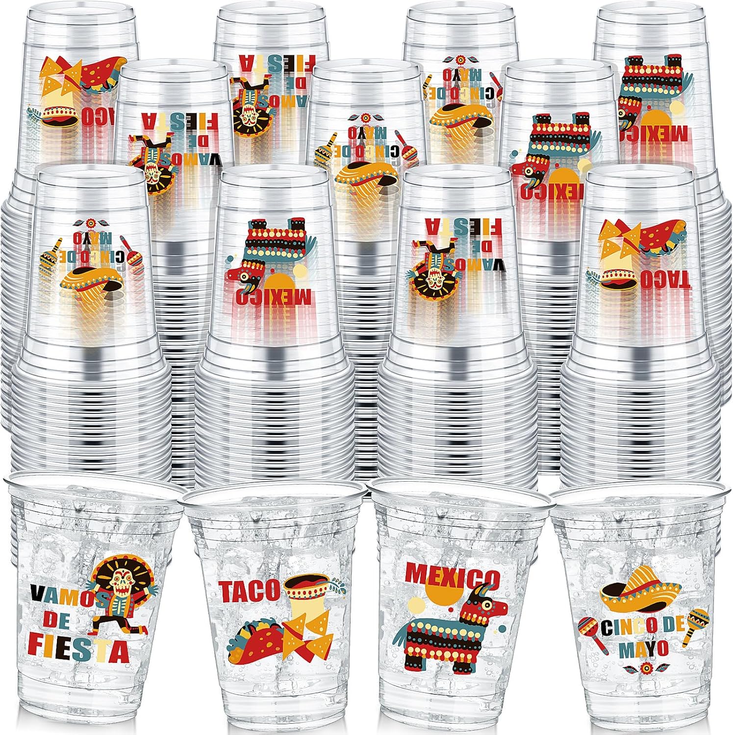 Havawish 100 Pcs 12 oz Fiesta Plastic Cups Clear Margarita Mexican Disposable Mint Julep Cups for Cinco De Mayo Drinkware Mug Party Decorations Favors Fiesta Taco Beverage Birthday Gift Supply