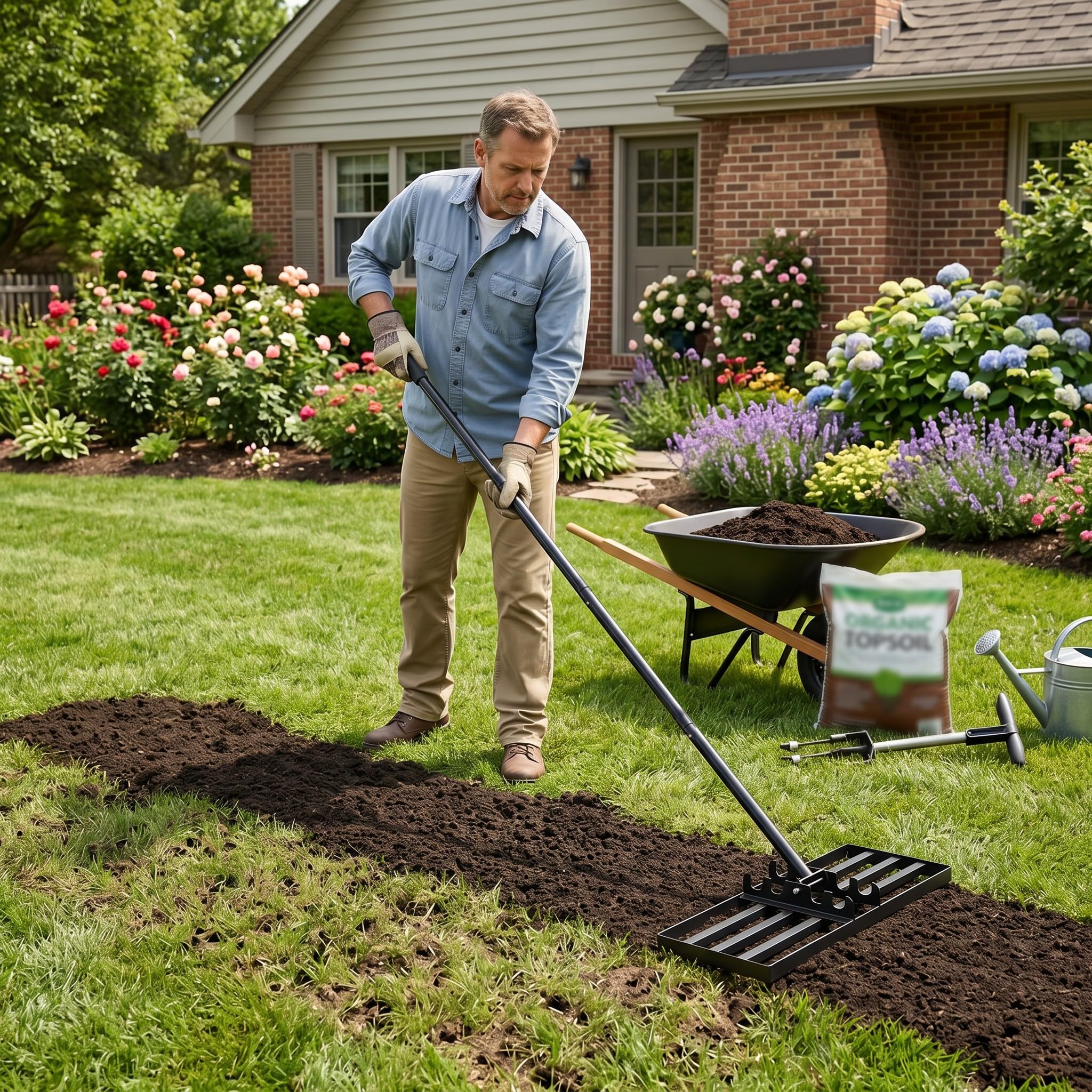 Lawn Leveling Rake Rasqueta de 75 x 25 cm, color negro, rastrillo de nivelación ajustable de 95,5 a 185 cm, con mango de acero inoxidable y mango de goma, rastrillo de césped, ideal para el