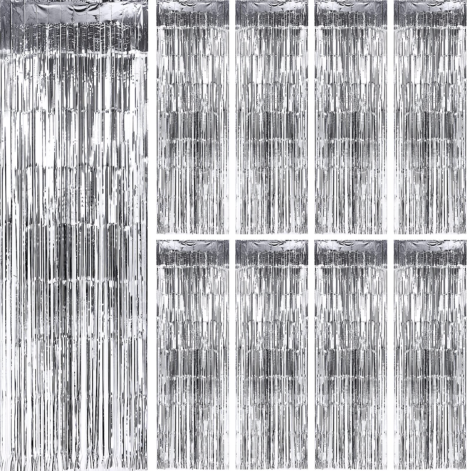 9 Pack 3.3 x 8.2 ft Foil Curtains Fringe Curtains Tinsel Backdrop Metallic Shimmer Curtains Photo Booth Props for Birthday Wedding Party Christmas Decorations (Silver)