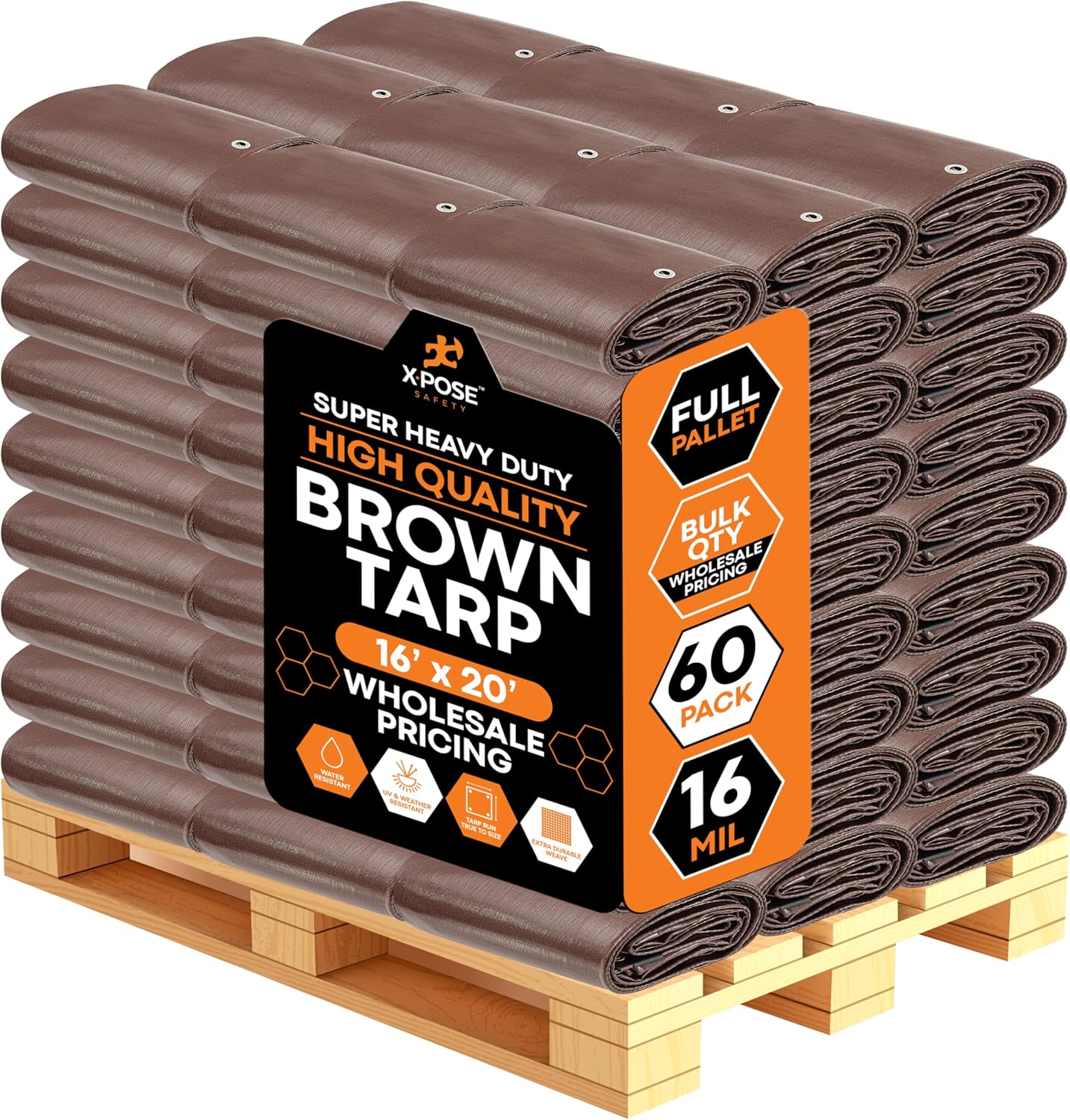 Super Heavy Duty Brown Poly Tarp 16' x 20' - Bulk Full Pallet (60 Pack) Thick Waterproof, UV Blocking Protective Cover - 16 Mil Thick Polyethylene - by Xpose Safety