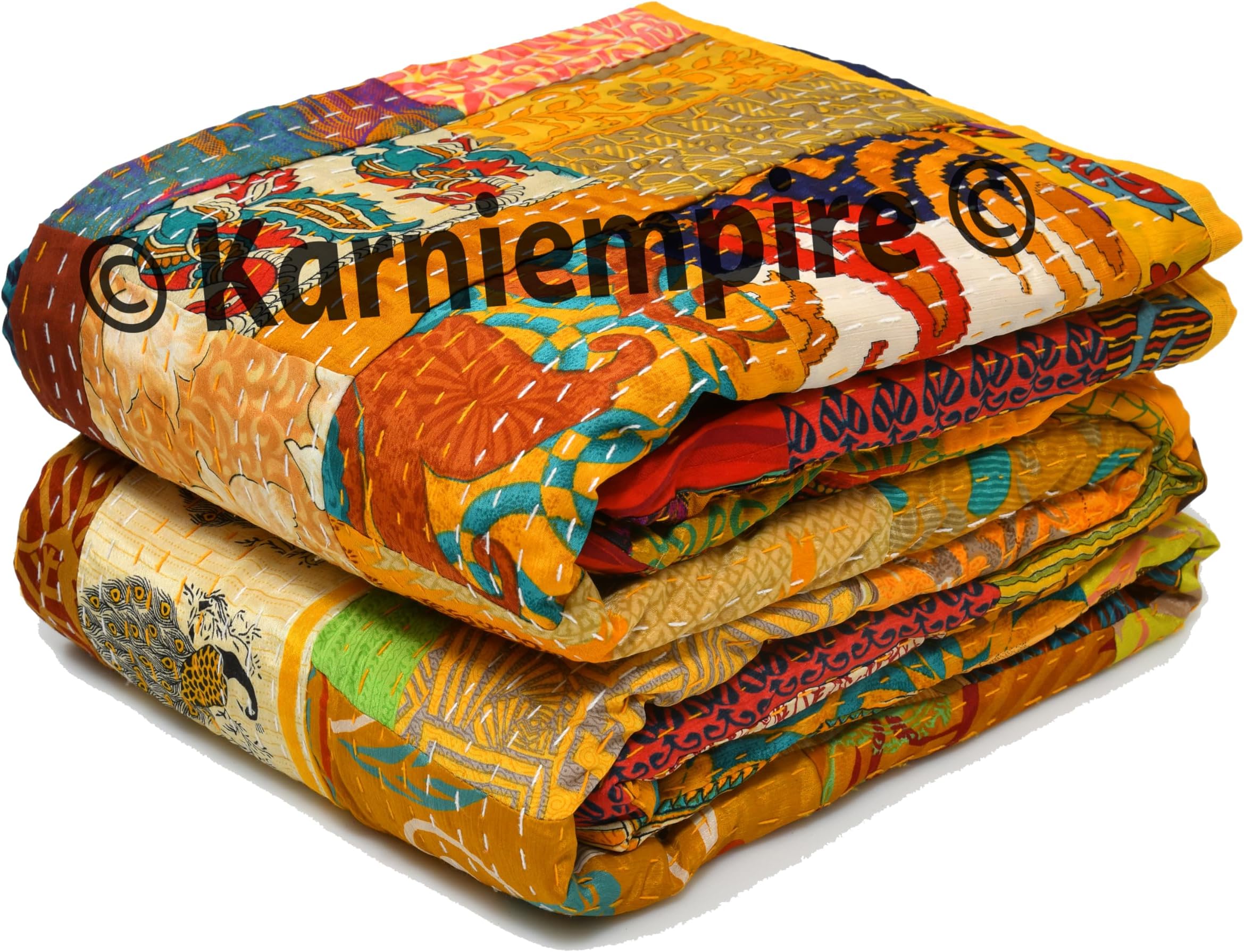 Indian Patchwork Kantha Quilt Throw Handmade Silk Sari Patola Ethnic Reversible Bohemian Bedding Bedspread Vintage Stitched Boho Gudri Blanket Bed Sofa Cover Decorative (Queen [90"X108"], Yellow)