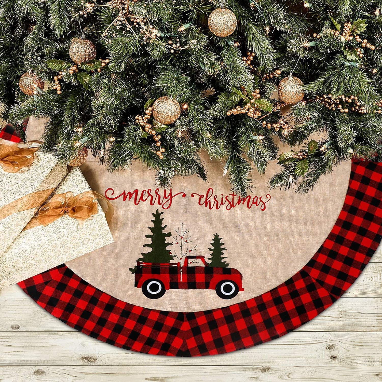 Alynsehom Christmas Tree Skirt Red Truck Christmas Tree Skirts Large 48 Inches Xmas Tree Mat Merry Christmas Decor Tree Red Black Buffalo Plaid Home Holiday Party Christmas Decorations