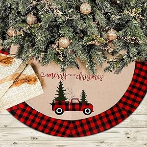 Alynsehom Christmas Tree Skirt Red Truck Christmas Tree Skirts Large 48 Inches Xmas Tree Mat Merry Christmas Decor Tree Red Black Buffalo Plaid Home Holiday Party Christmas Decorations