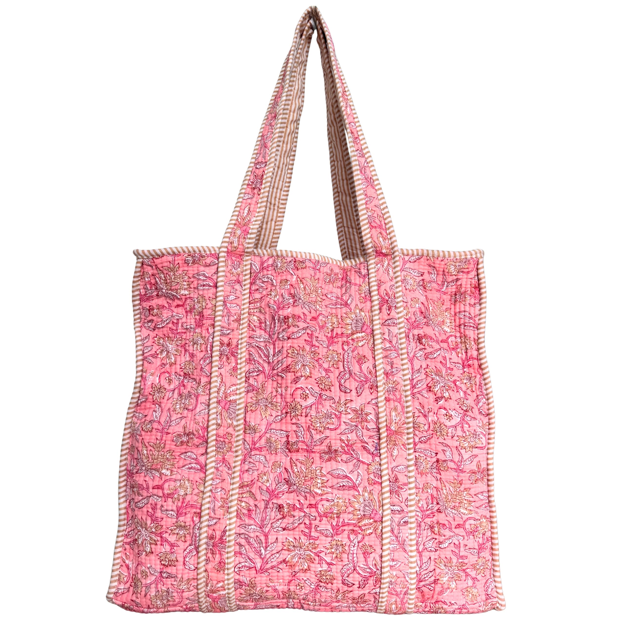 ATOSII Women Handblock Print Quilted 100% Cotton Floral Large Shoulder Tote Bag with Pocket, Zipper for Work, Beach & Travel