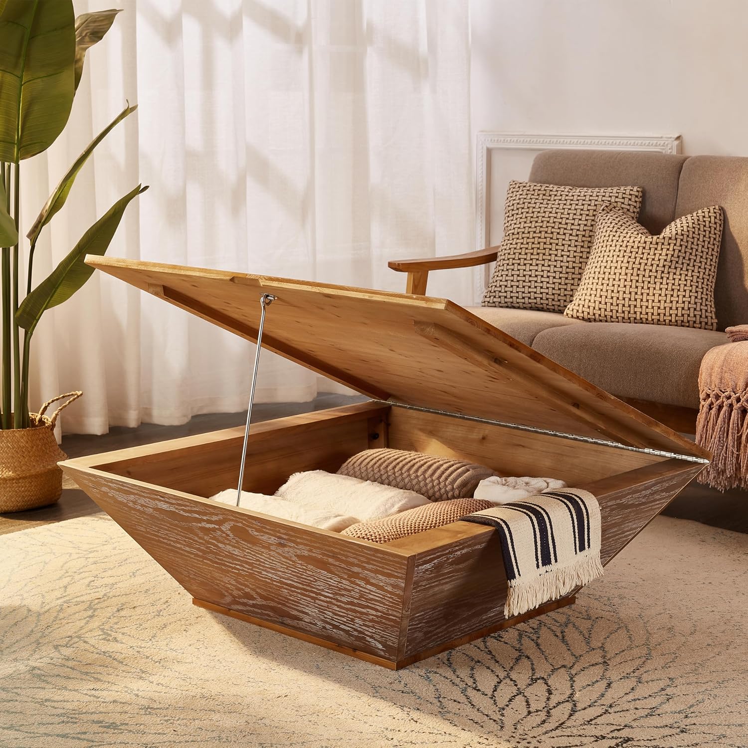 Square Wood Coffee Table for Living Room - Lift Top Farmhouse Coffee Table with Storage - Mid Century Rustic Wooden Coffee Table Vintage Coffee Table, 35.43