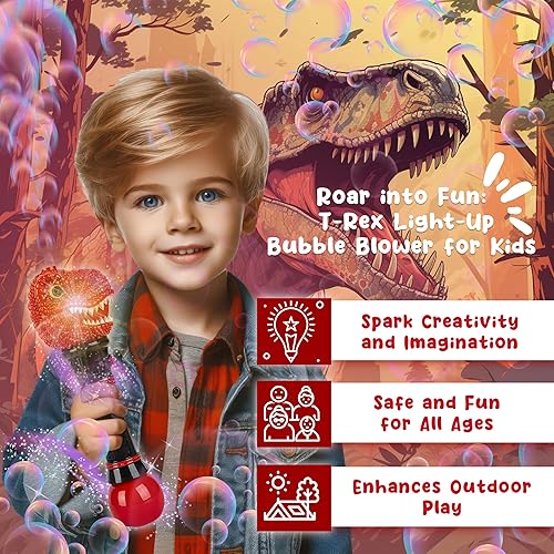 Miniatura 3 de T-Rex - Pistola de burbujas de dinosaurio con luces LED deslumbrantes, varitas de burbujas Forest & Twelfth de 11.5 pulgadas para niños, lanzador de