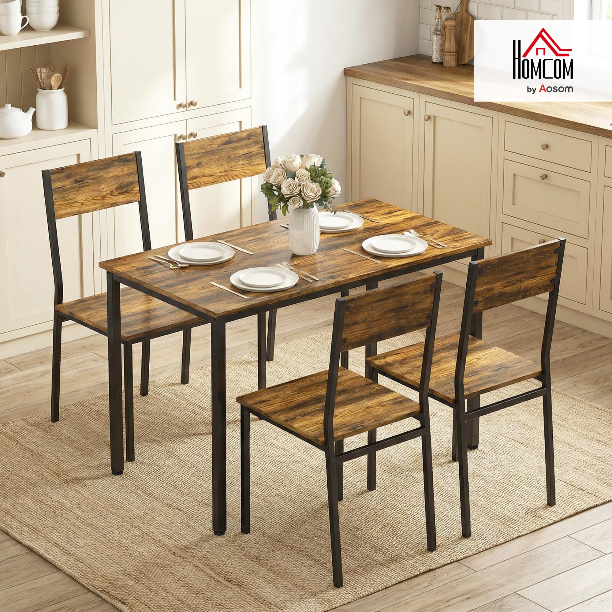 HOMCOM Ensemble Table Salle à Manger avec 4 chaises, Table de Cuisine pour 4 Personnes, Plateau rectangulaire 108 cm, Style Industriel, Pieds en métal, idéal Petit Espace, Brun Rustique