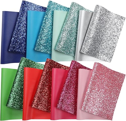 Miniatura 2 de Hojas de piel sintética con purpurina gruesa 8 hojas de cuero con purpurina gruesa mixta + 8 piezas de cuero de colores de grano sólido, paquete