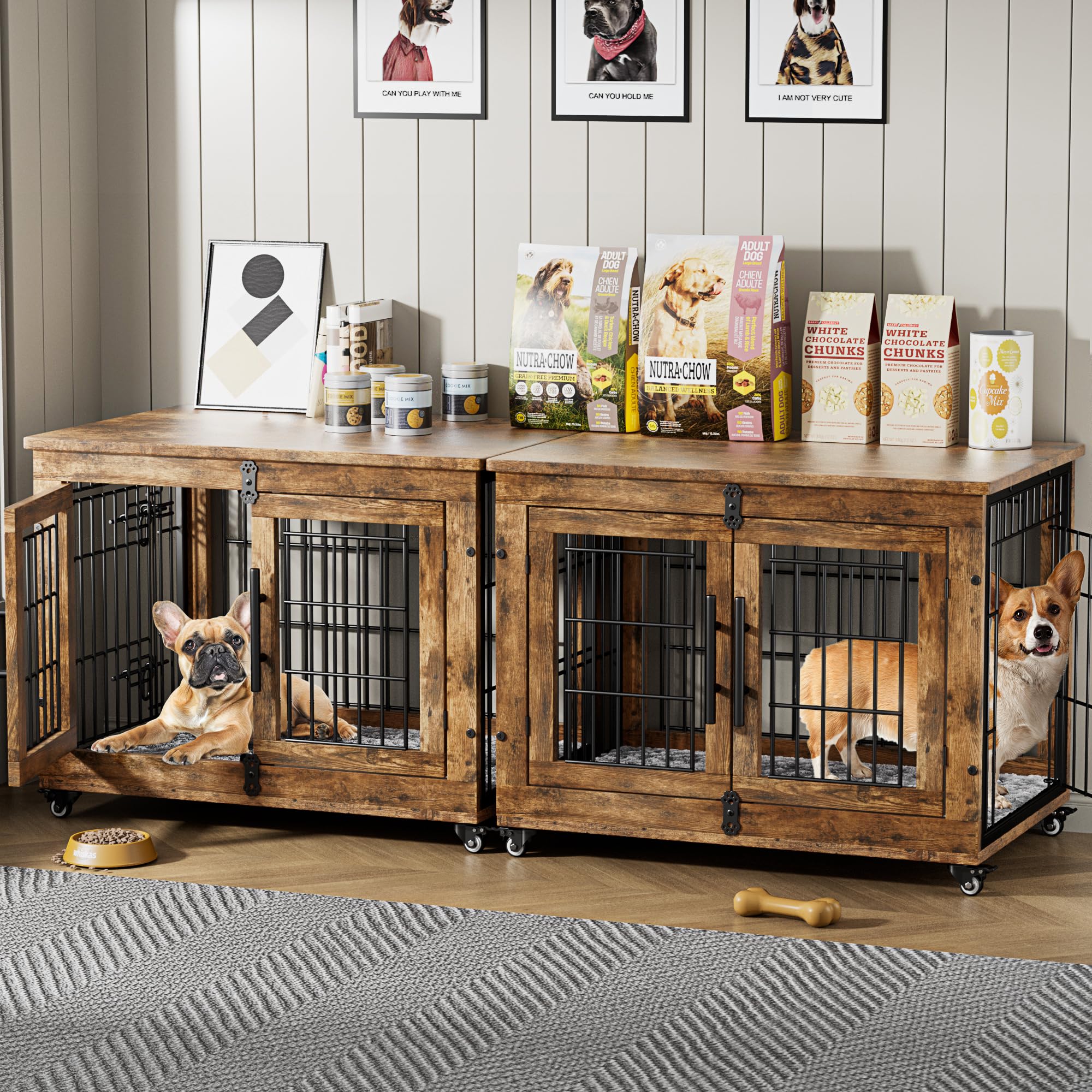 2 Pack Dog Crate Furniture, 32'' Heavy Duty Kennel with Cushion &amp; Wheels