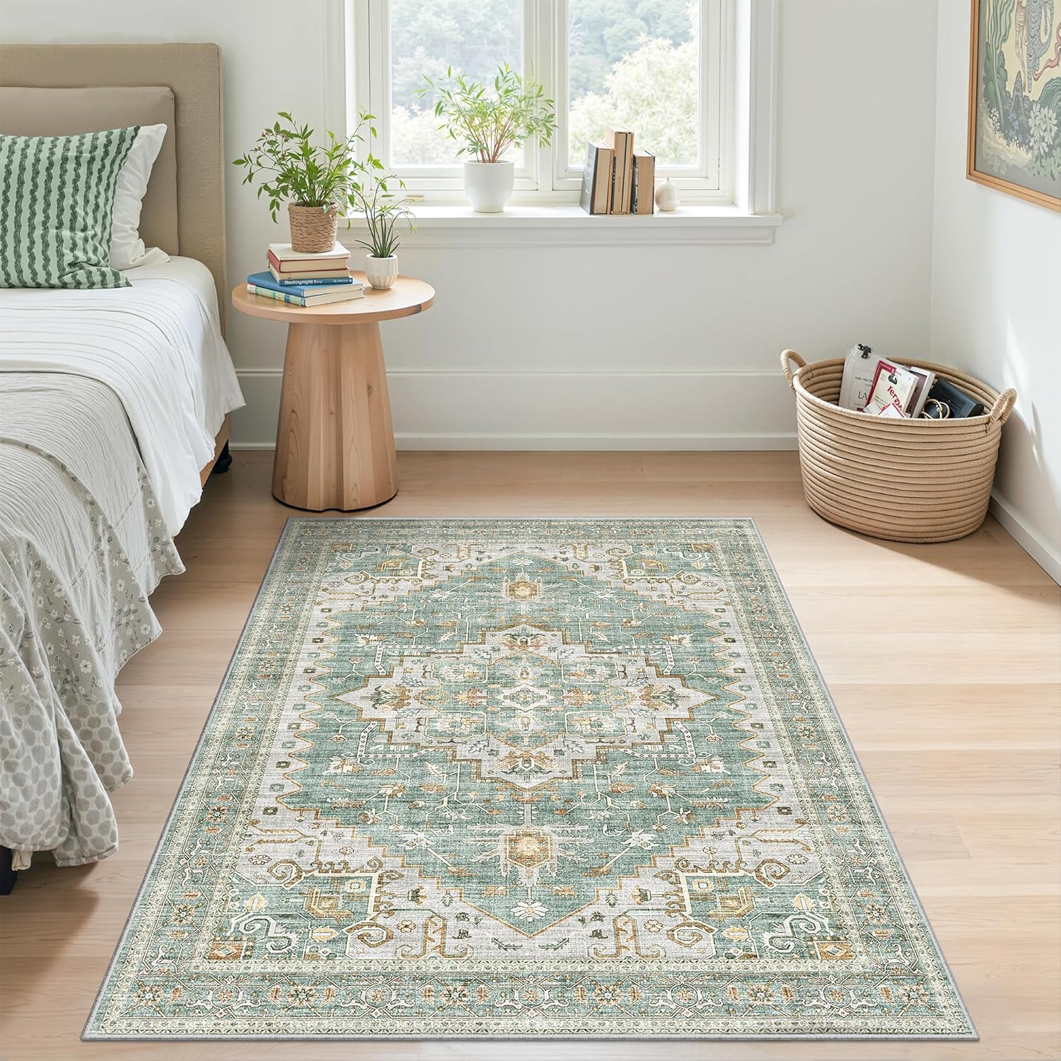 Area Rugs for Living Room - 4x6, Boho Non-Slip Low Pile Carpet Machine Washable Rugs for Bedroom, Farmhouse, Office, Dining Room (Green)