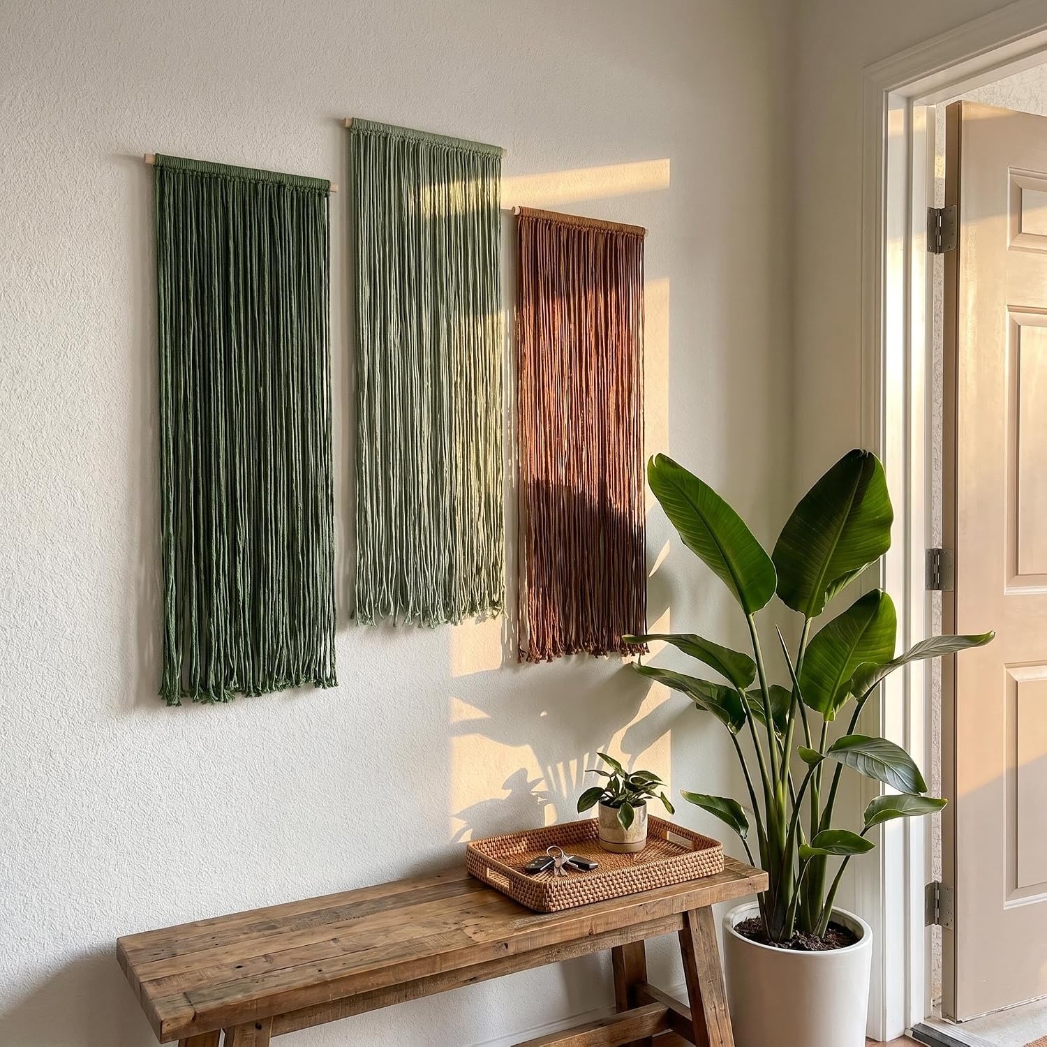 Jditngp Nordic Home Large Wall Decor Hand Woven 3PCS Bohemian Tassel Wall Hanging Wall Decoration Tapestry Gradient Green brown Living Room Bedroom Entrance Hall Kitchen Corridor Wall Art 31.5''Lx11.8''W