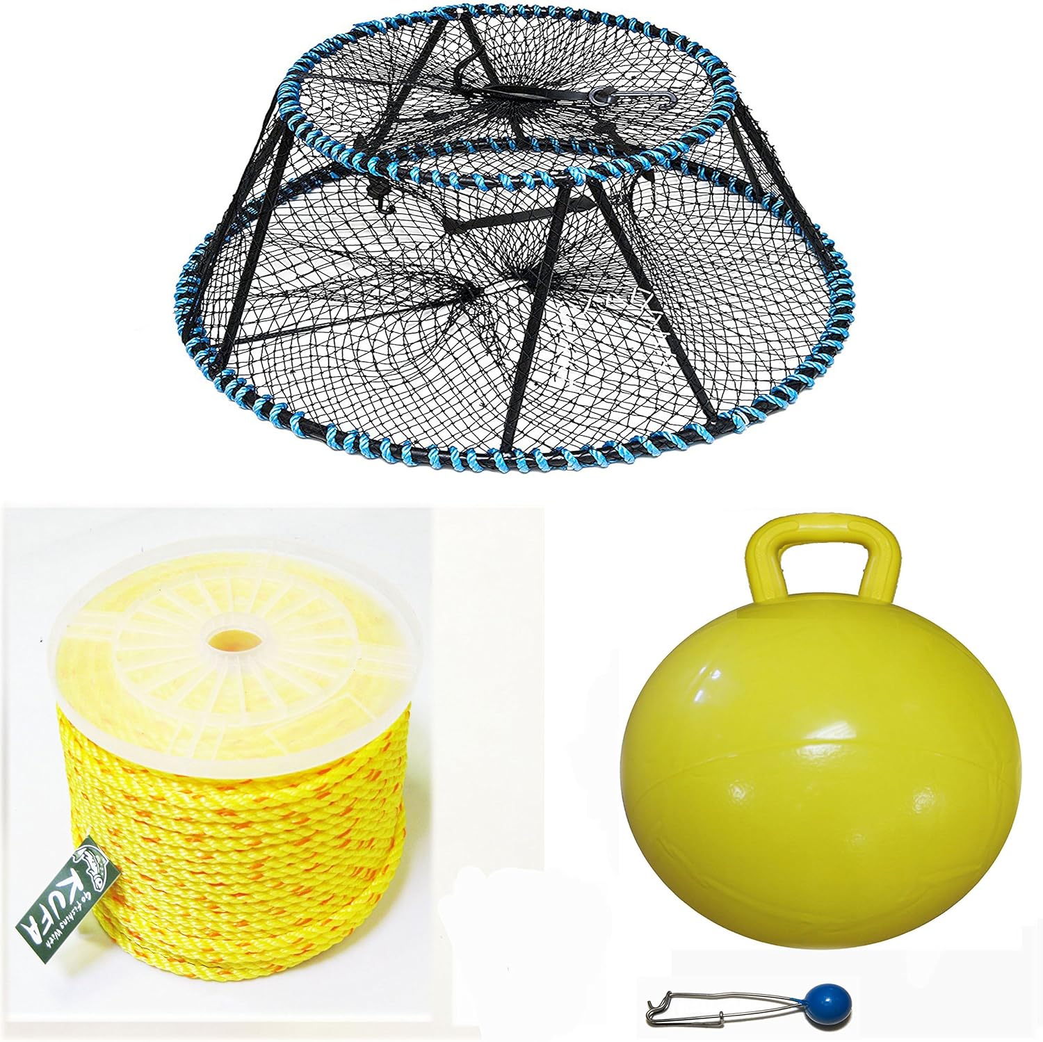 KUFA Sports Tower Style Prawn Trap with 400' Rope, Yellow Float and Vented Bait Jar Combo (CT130+PP4+F15Y+TW10)