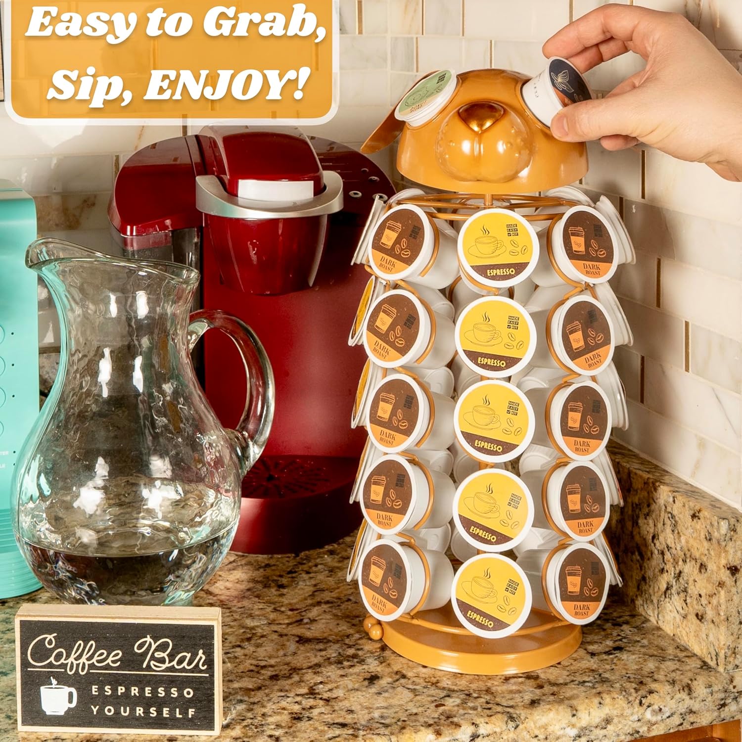 Made Easy Kit Carousel Coffee Pod Holder - Compatible with Keurig K-Pods K-Cups - Countertop 360 Spin Rack Storage Organizer - Revolving Base - Capsule Café Station Bar (Dog Brown, Large)