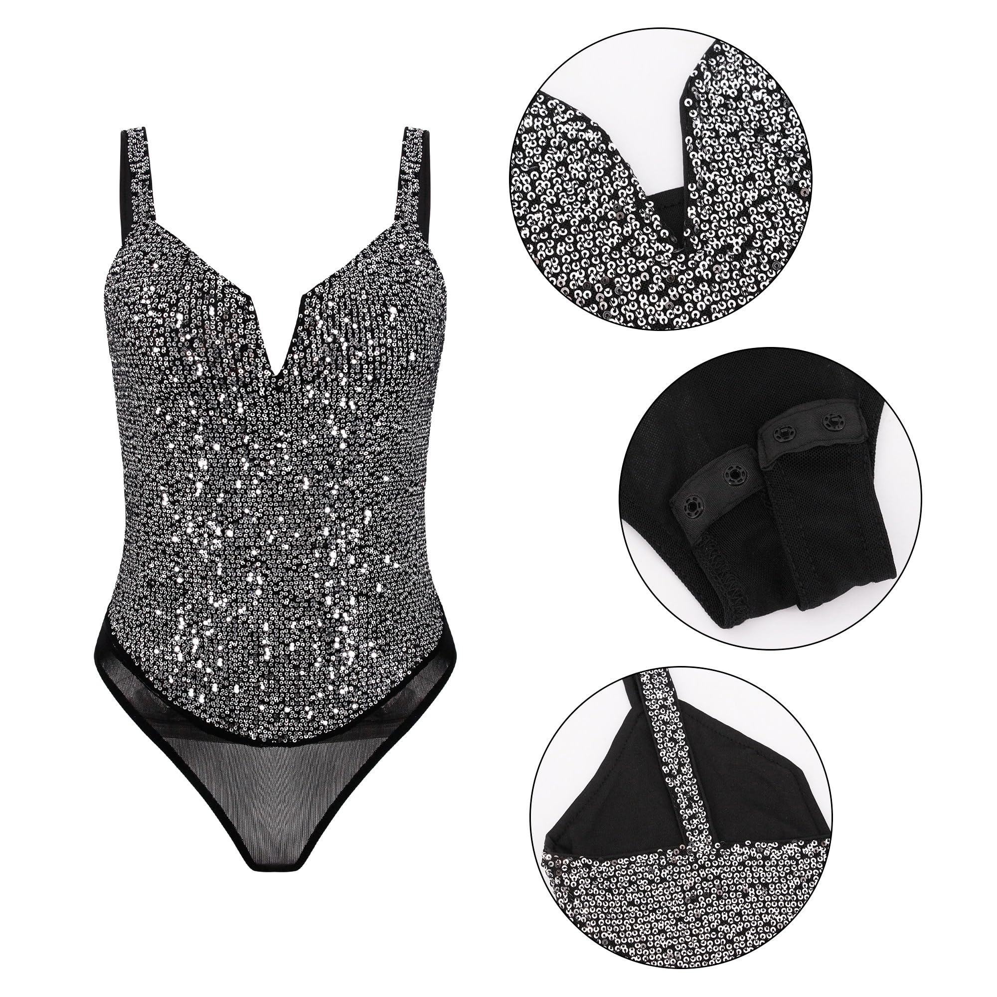 Naimo Body sexy à paillettes pour femme - Col en V - Sans manches