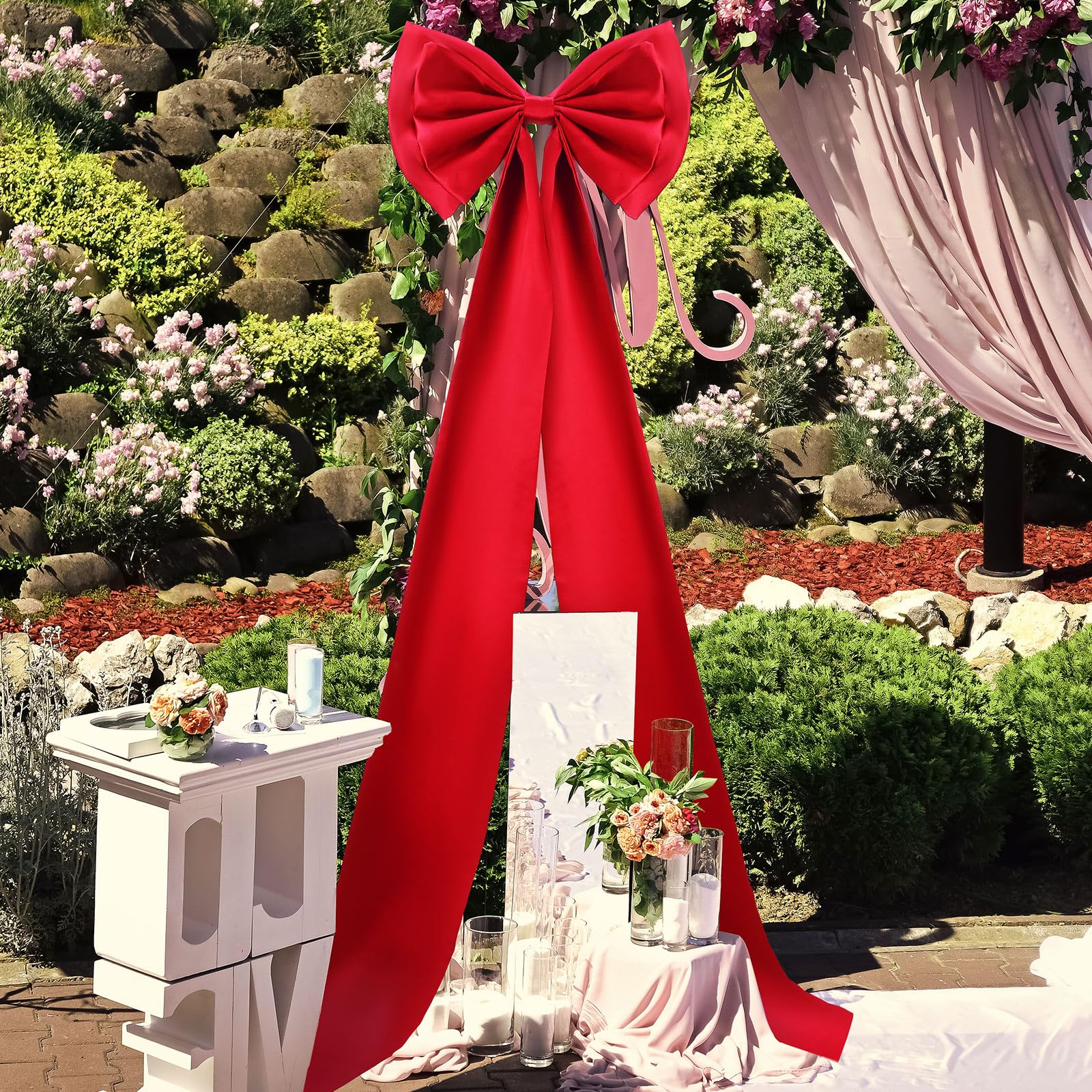 Lazo Gigante De Navidad De Satén - 65x105 Cm, Decoración Para Puerta, árbol O Pared, Incluye Cinta Adhesiva, Poliéster