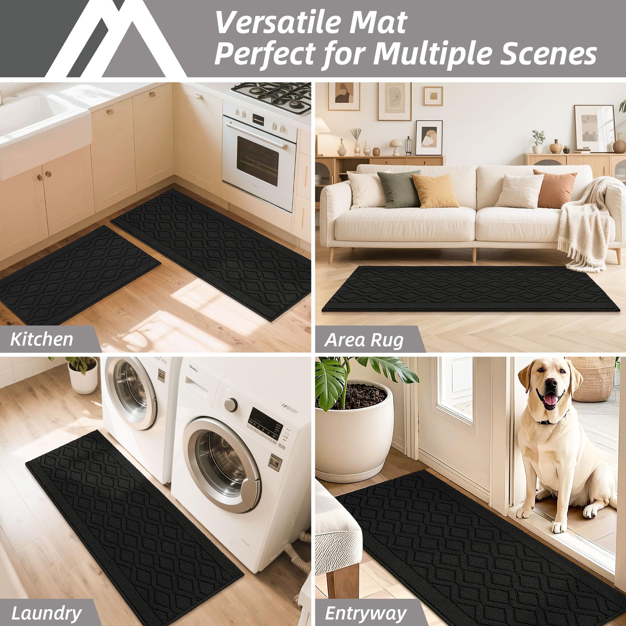 COSY HOMEER 121,9 x 50,8 cm/76,2 x 50,8 cm Küchenteppichmatten aus 100% Polypropylen, 2 Stück, weiche Küchenmatte, spezialisiert auf rutschfest und maschinenwaschbar, schwarz