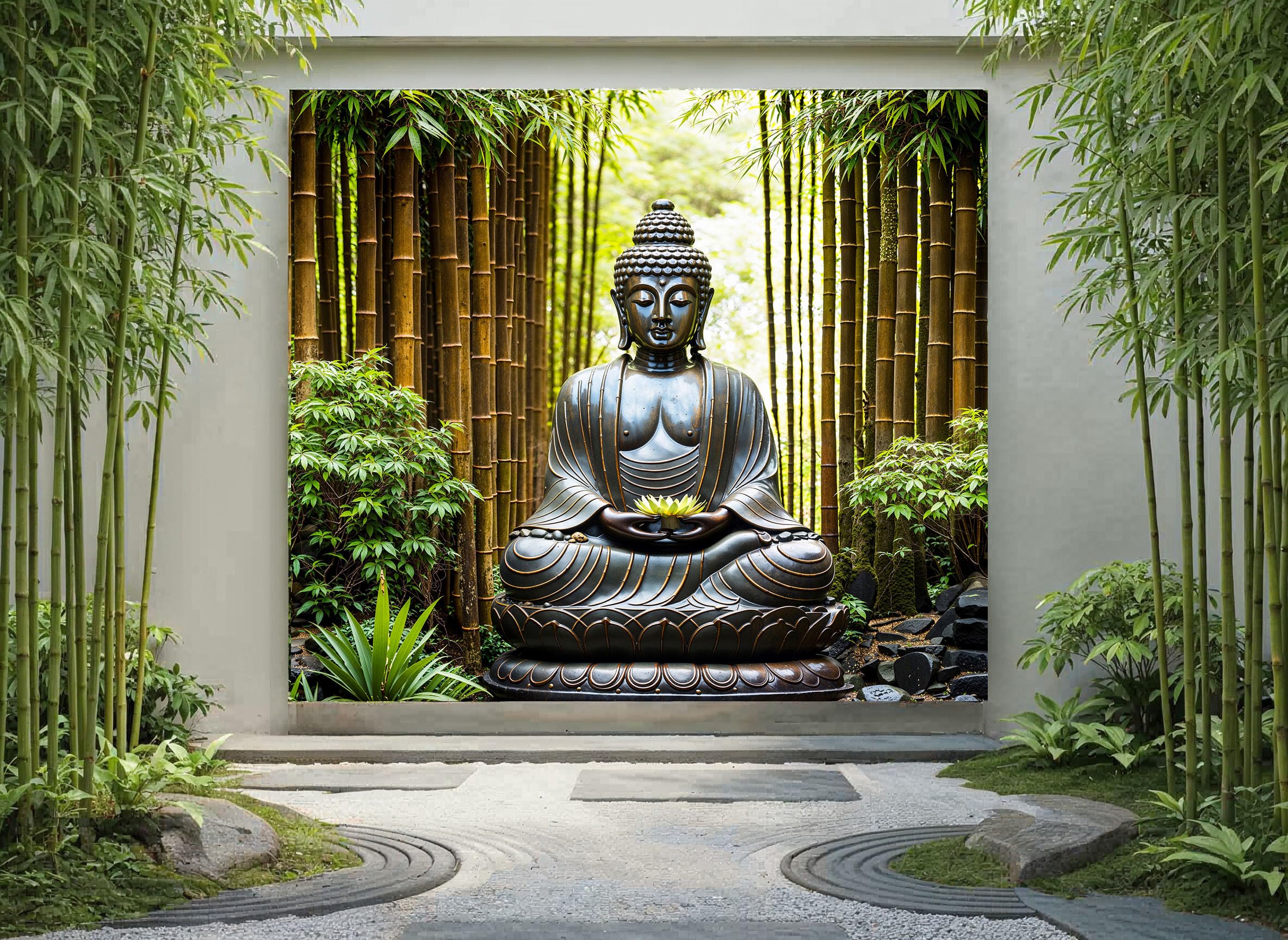 Sabrikas Let Your Creative Spirit Run Free Earthy Tones With Dominant Green Peaceful Buddha Bamboo Garden Mural, Tapestry & Curtain Waterproof Outdoor Wall Hanging, Zen Meditation Wall Art & Tranquil Fence Decor W70.87 Inches X H70.87 Inches
