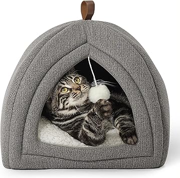 Bedsure Cat Beds for Indoor Cats - 2 in 1 Cat Cave House Tent for Kittens and Small Pets with Removable Washable Cushioned Pillow, Foldable Kitten Hideaway with Non-Slip Bottom, Grey, 16 inches
