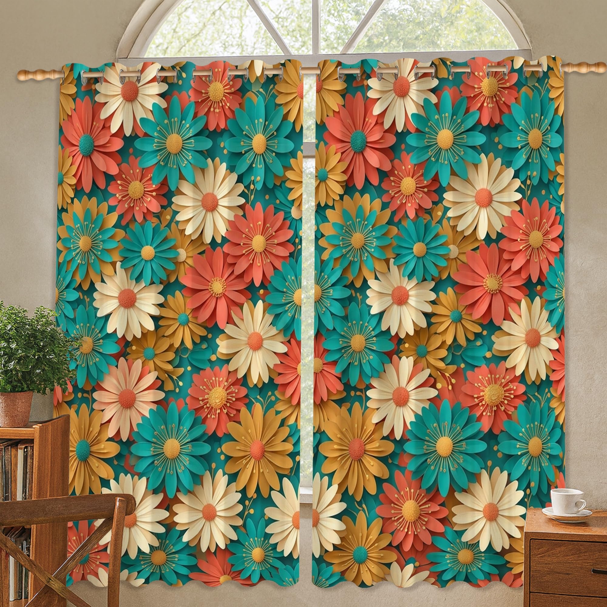 Rideaux occultants de qualité supérieure motif fleurs vibrantes turquoise 132x137