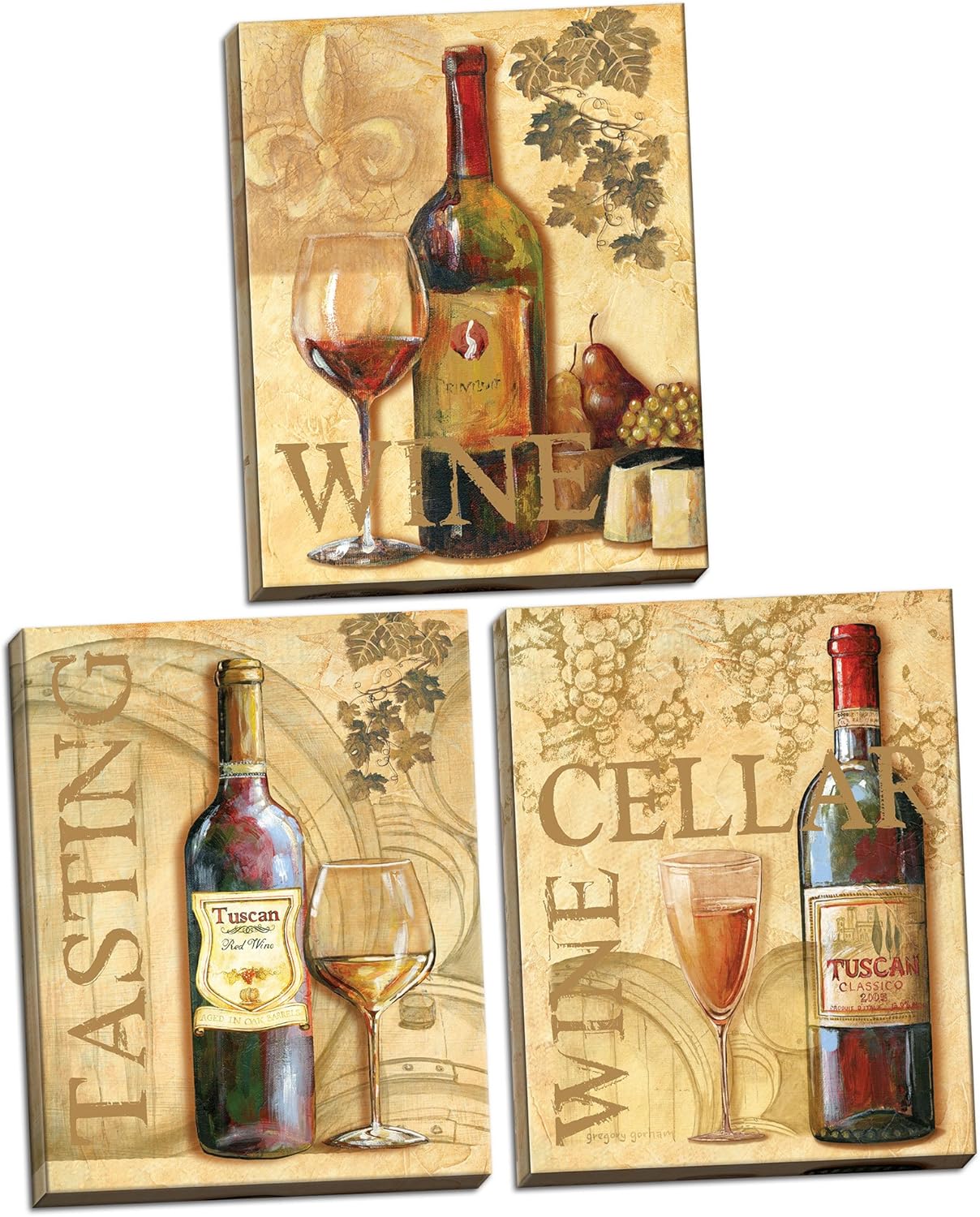 Poster Station Tuscan Red, White and Rose Bottles and Glasses of Wine; Kitchen Décor; Three 11x14in Stretched Canvases