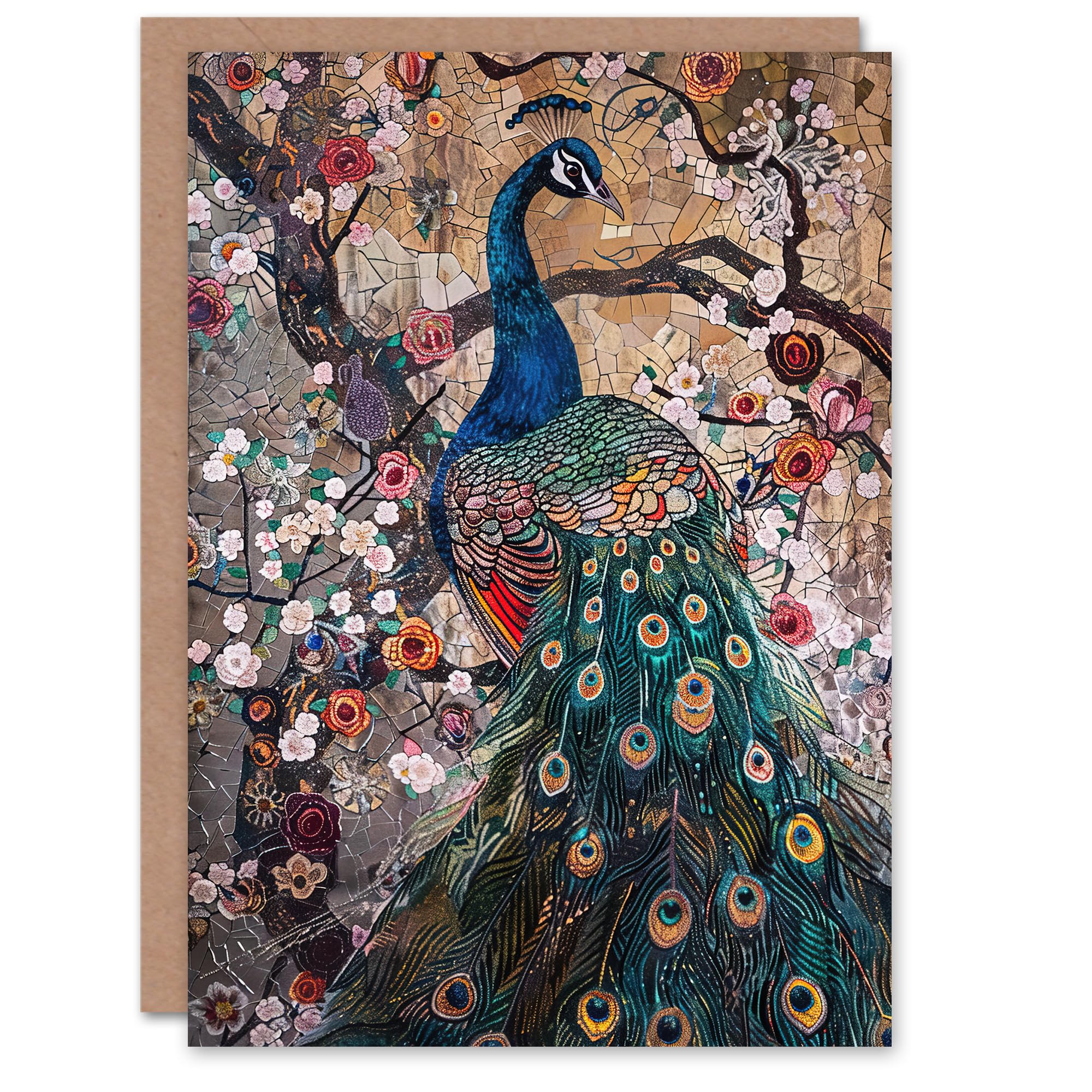 Artery8 Mosaic Peacock in Flowers Tree Detailed Artwork Greeting Birthday Card Him Her All Blank