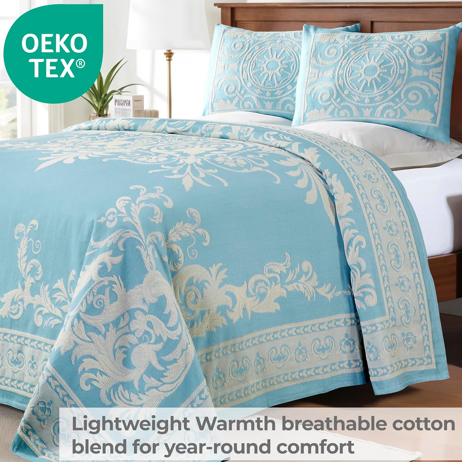 Superior Cotton Blend 3-Piece Bedspread Set, Oversized Bedspread, 2 Matching Pillow Shams, Light Weight Blanket, Jacquard Traditional Medallion Bedding Decor, Adalie Collection, Queen, Aqua
